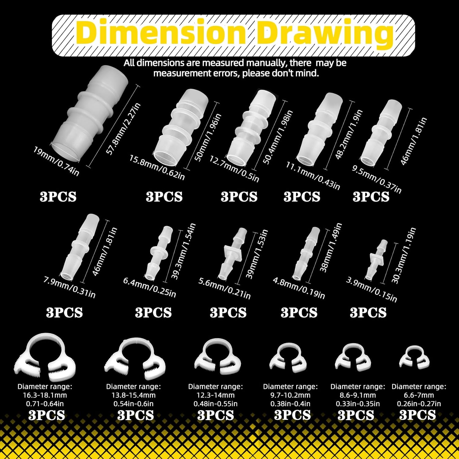 48Pcs 5/32 to 3/4 Plastic Hose Barb Fitting with 6.6-18.1mm Double Snap Grip Nylon Hose Clamp Kit, Barbed Connector Splicer Mender Joint Adapter Union Reducer Fittings for Air Water Fuel Style 3