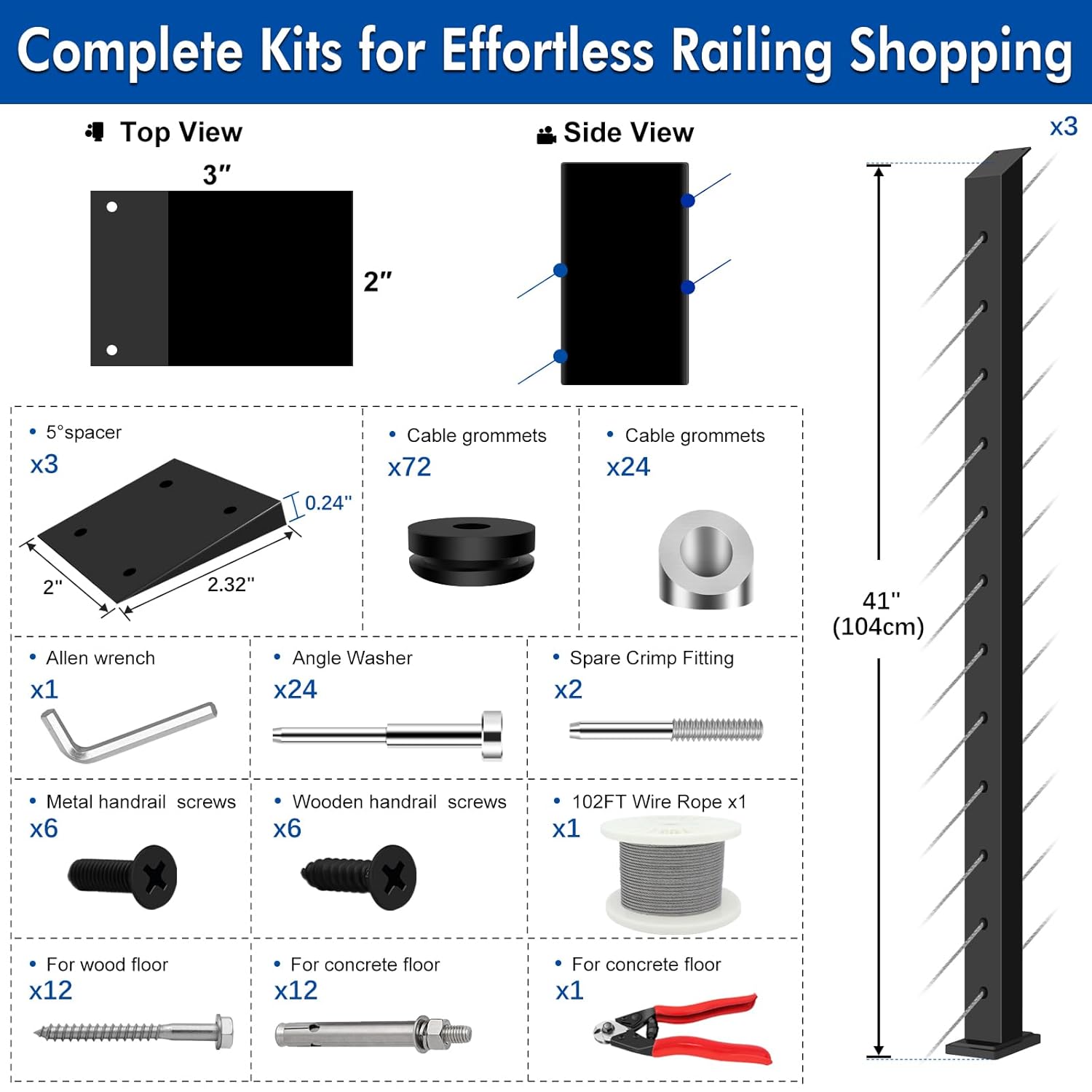 42 Complete Set Stair Cable Railing Post Kits, 3 Pack 33° Drilled Black Deck Post Fit 28-38° Stairway, Included 151FT Stainless Steel Wire Rope, 24 Tensioner, 24 Angle Washer (No Handrail) 3 Post Kit Stair