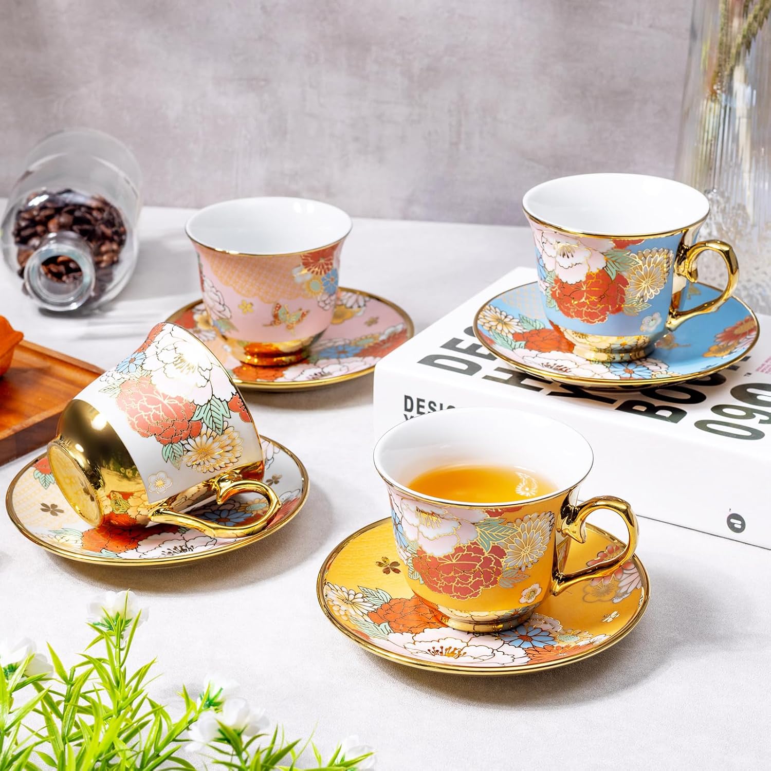8 Set Tea Cups and Saucers, 8 OZ Floral Porcelain Cup and Saucers Set for Latte Cappuccino Espresso Mocha Afternoon Tea Birthday Wedding Party Supply Housewarming Women Gift