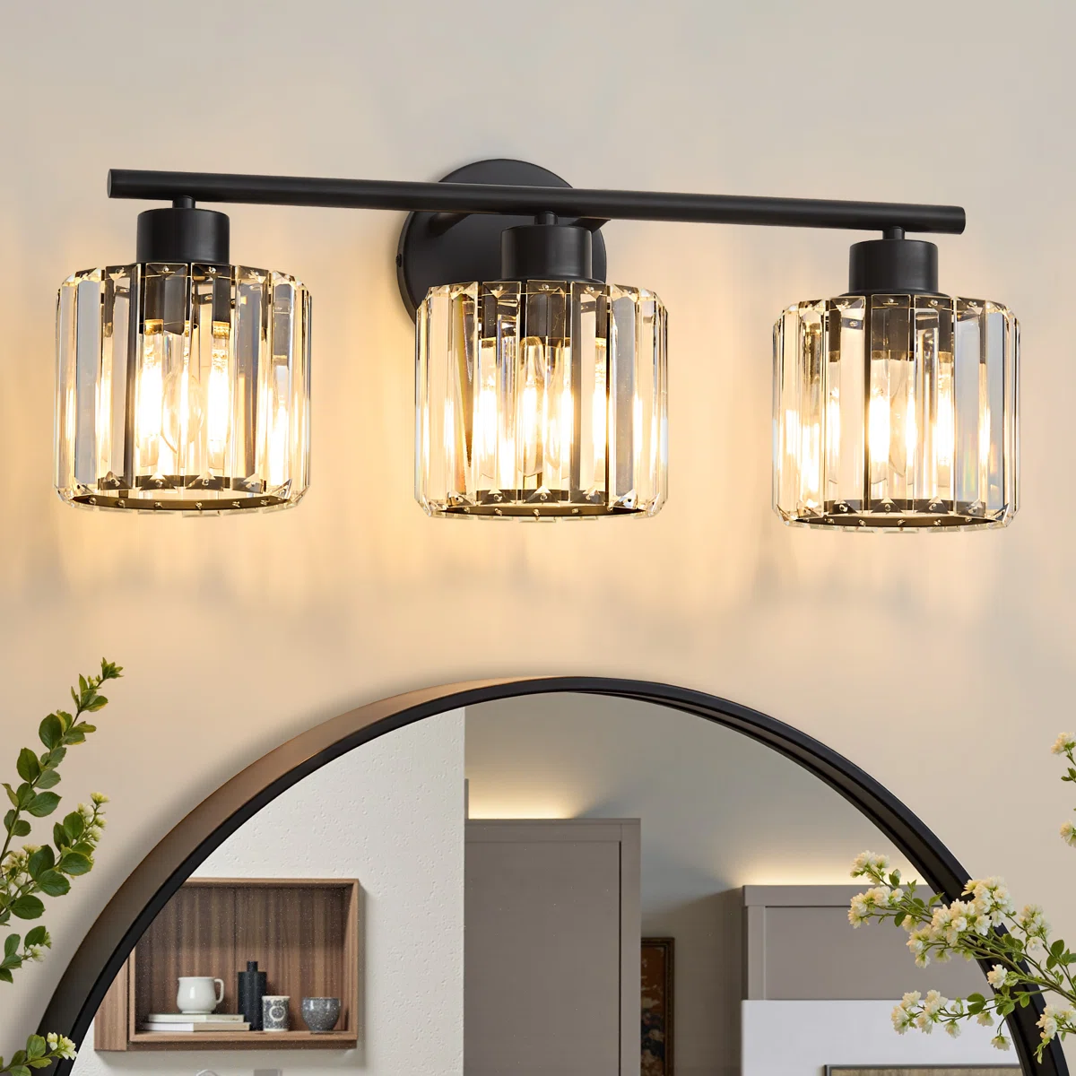 3-light Black Crystal Vanity Light Modern Design Damp Rated For Glam Bathroom & Bedroom Mirror