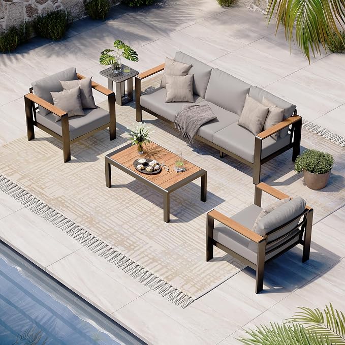 4-Piece Patio Bar Table and Chair Set Modern Outdoor Conversation Furniture Thick Cushions All-Weather Durable Ideal for Garden Backyard Lawn Patio (Incomplete, Box 2/2)