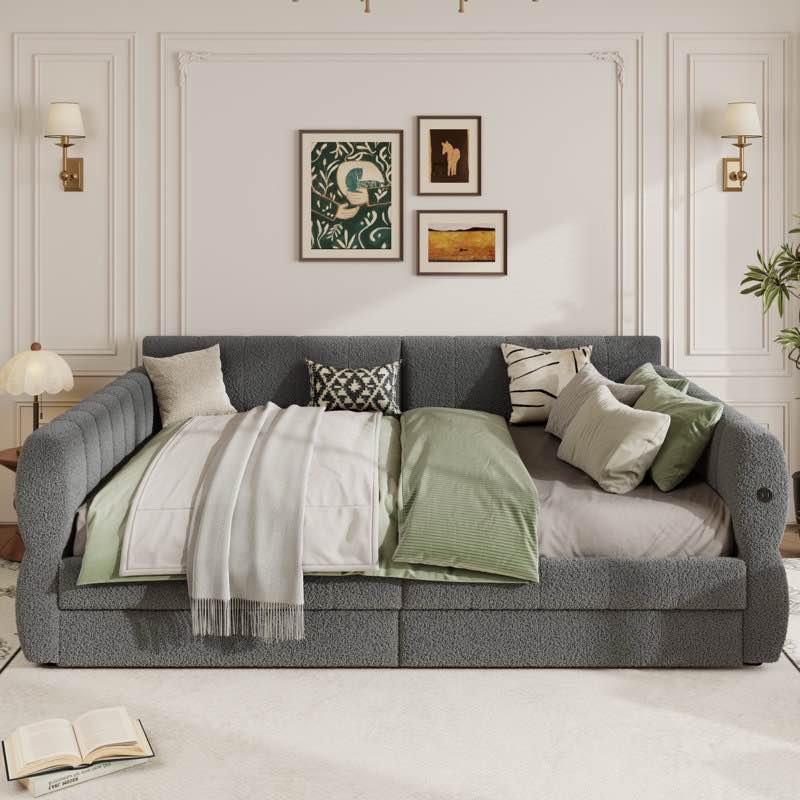 (back and sides missing )Upholstered Queen Daybed With USB and Drawers