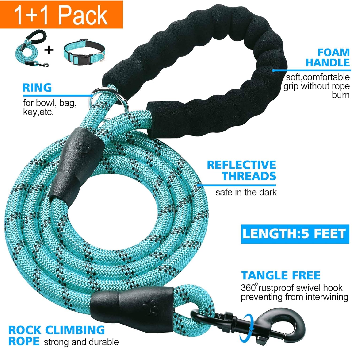 Ladoogo Reflective Dog Collar Padded with Soft Neoprene Breathable Adjustable Nylon Dog Collars for Small Medium Large Dogs (X-Small (Pack of 1), Blue Collar+Leash) X-Small (Pack of 1) Blue Collar+Leash