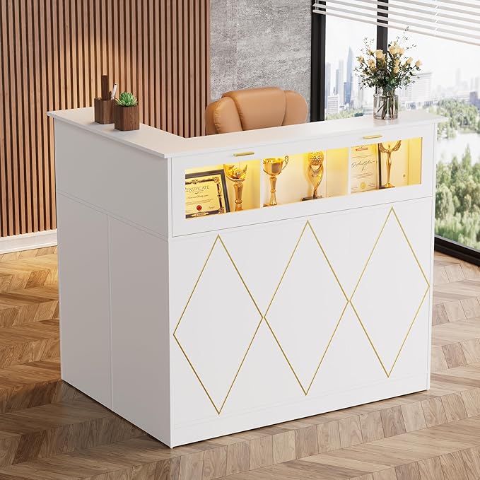 Reception Desk with LED Lights, Double-Layer Display Rack, L-Shaped Front Desk Reception Room Table Drawer With Lock