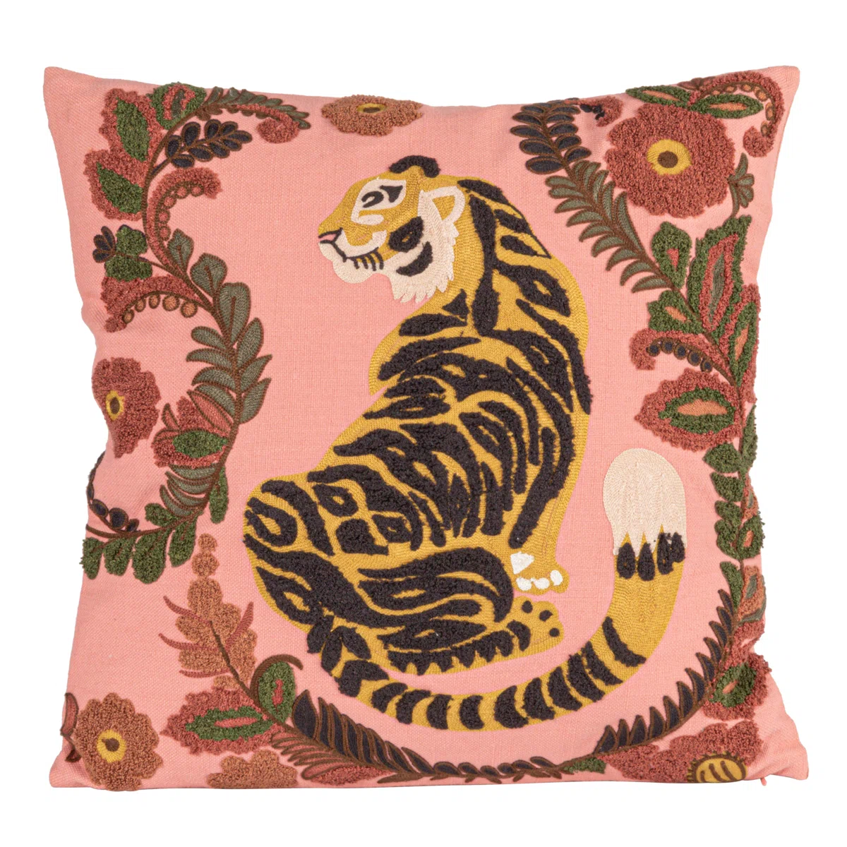 (Zipper stuck)Embroidered Tiger And Flowers Cotton Slub Pillow