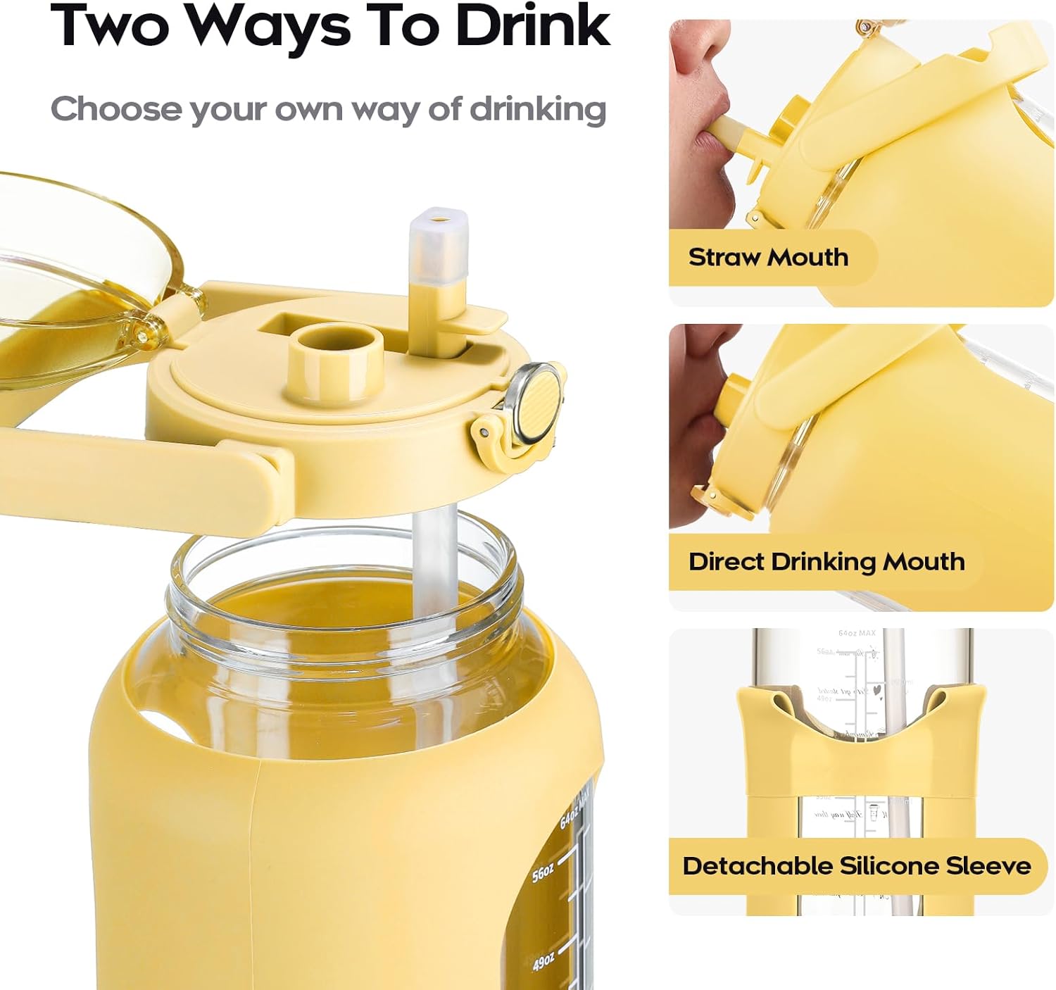 chunmo 74 oz Glass Water Bolttles with Straw Large Motivational Water Bottle with Time Marker Sports Water Bottles with Silicone Sleeve and Handle Lid 2.2L Water Jug for Gym Workout Yellow