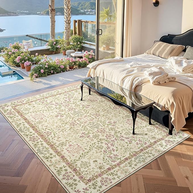 Machine Washable Vintage Floral Area Rug For Living Room, Bedroom