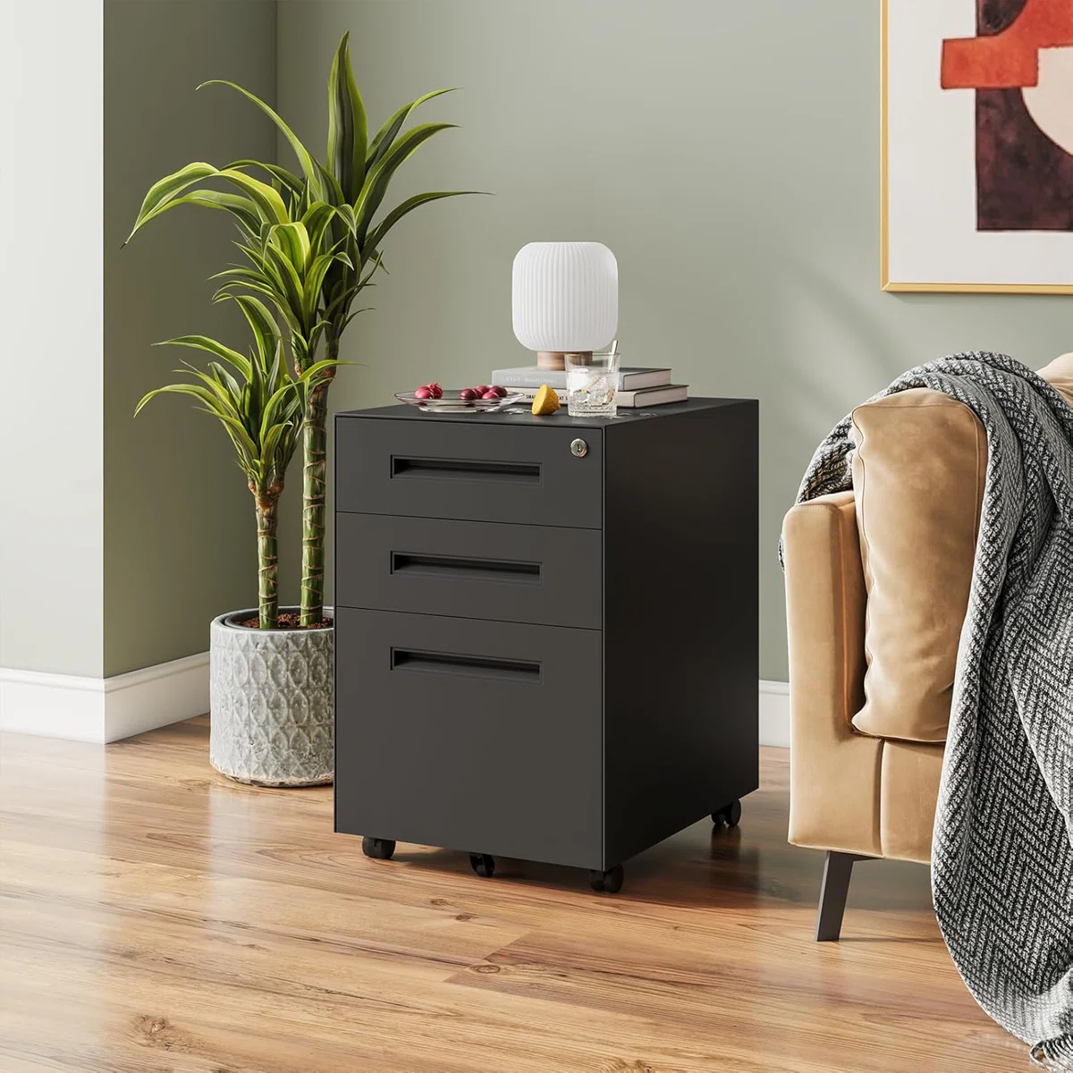 3 Drawer File Cabinet, Mobile File Cabinet with Lock on Wheels, Letter/Legal Size, Fully Assembled.