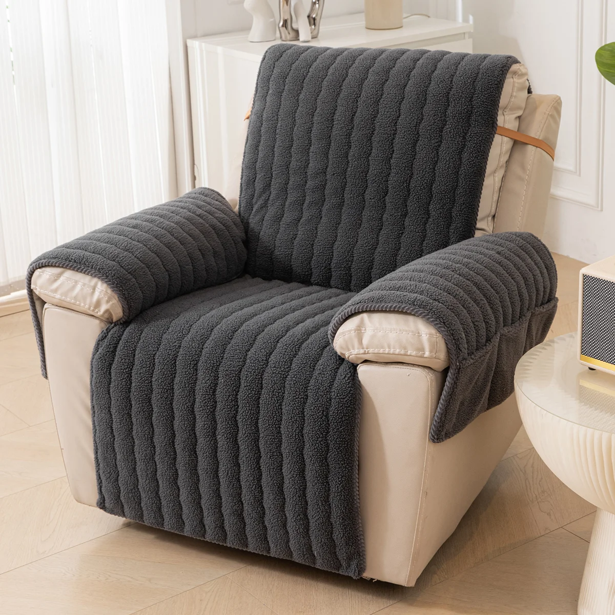Luxury Sherpa Plush T-Cushion Recliner Slipcover Thick Soft Non Slip Sofa Protector