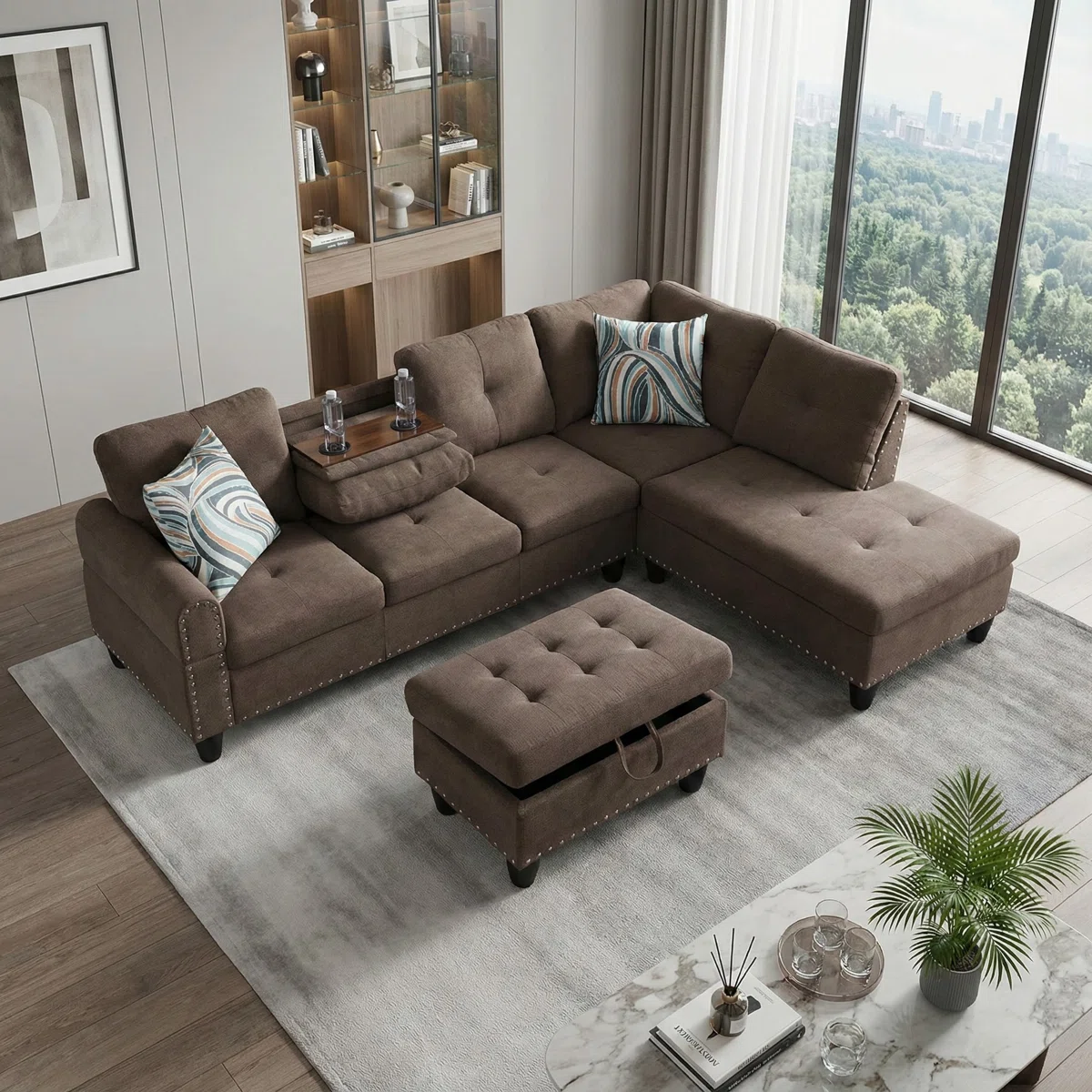 Box c Upholstered Sectional With Hidden Table And Storage Ottoman