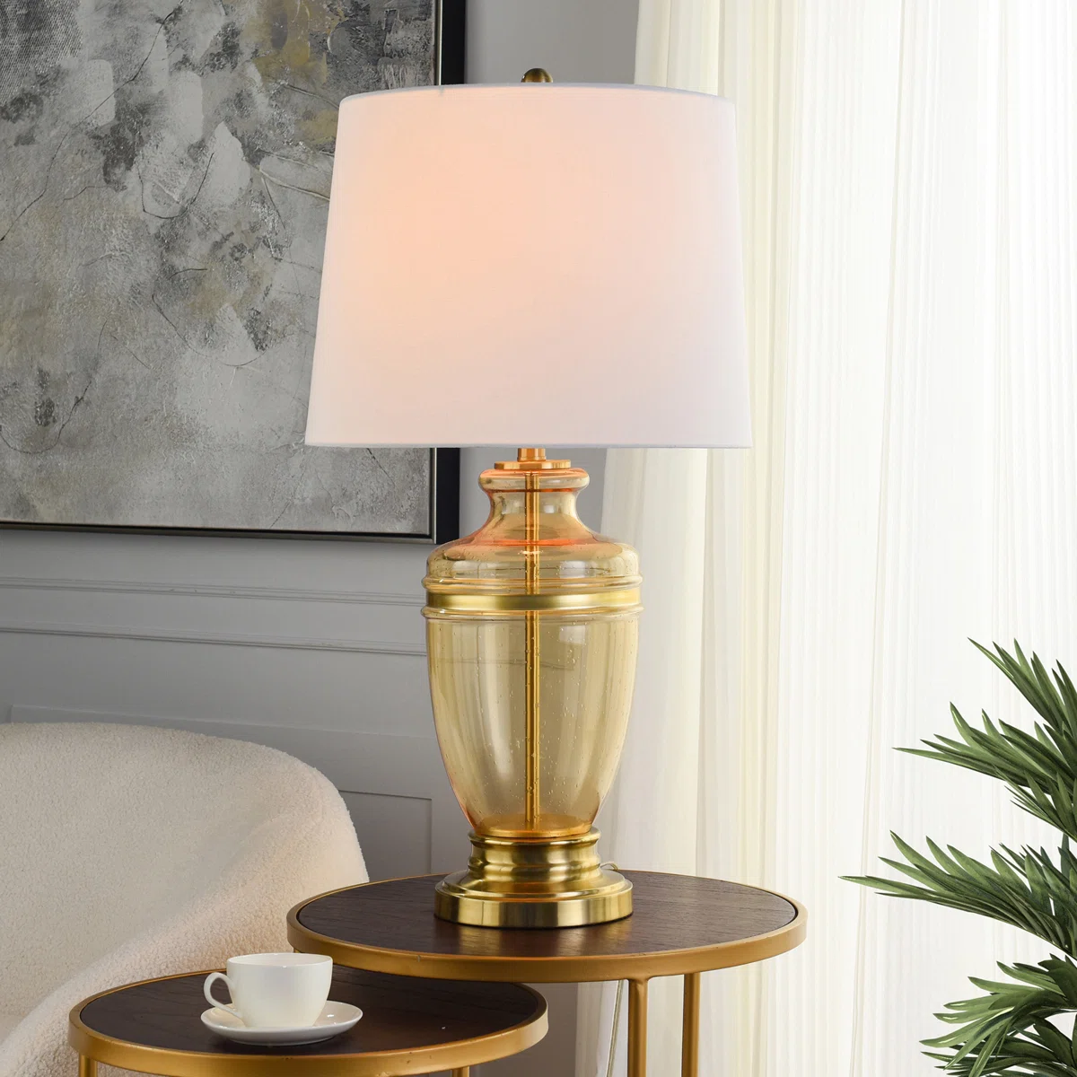 Glass & Steel Table Lamp - Opulence Gold - Off-White Shade