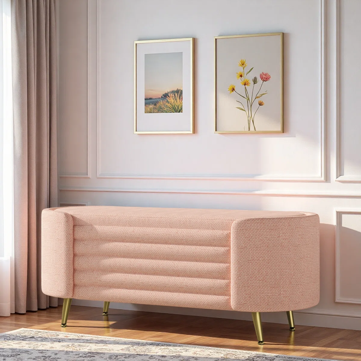 Modern Oval Ottoman Bench With Ample Storage Space And Metal Legs