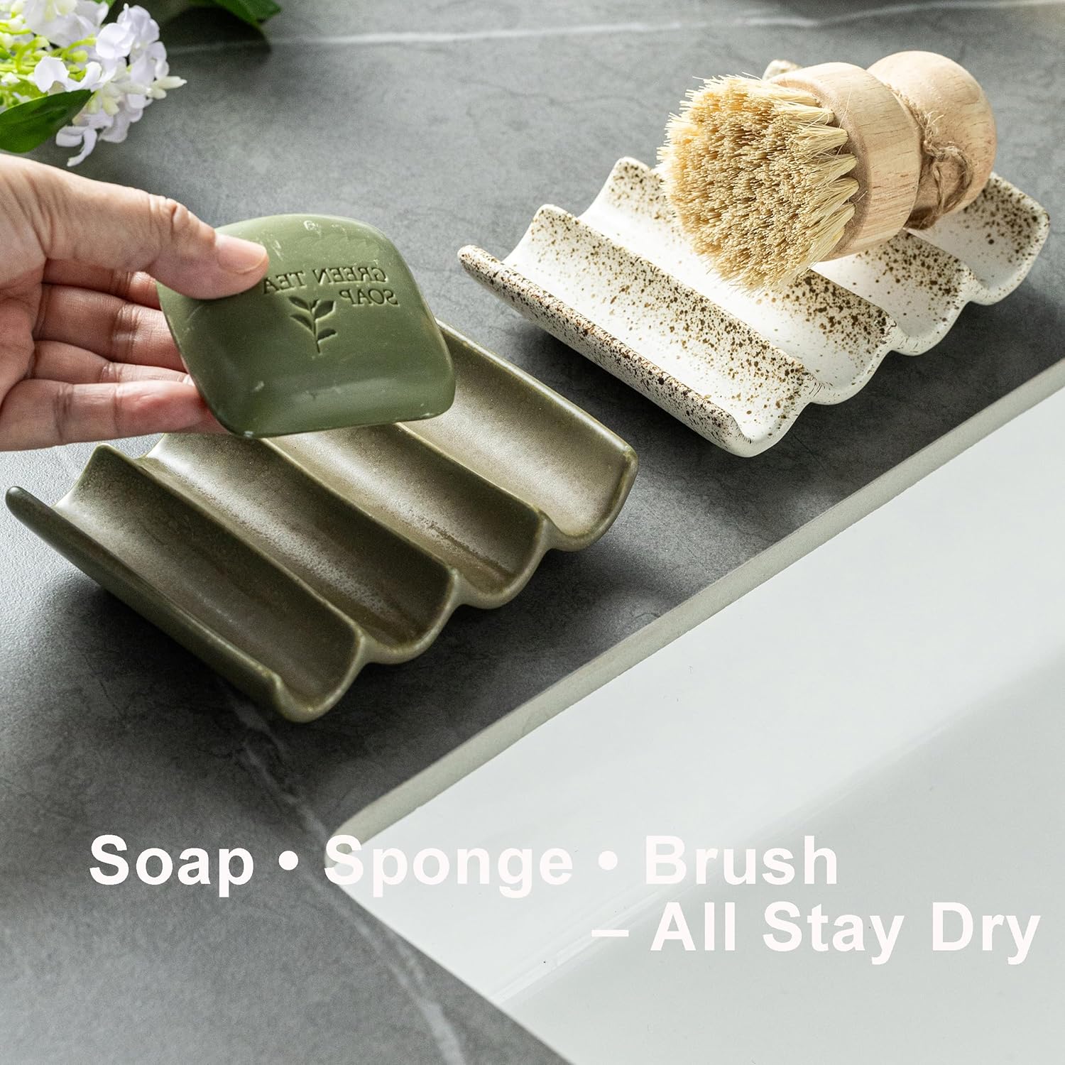 Bar Soap Holder, Ceramic Soap Dish for Shower, Bathroom Soap Saver with Drainage, Bathroom and Kitchen Sink Organizer, Keep Soap Dry Matcha Green Fluted