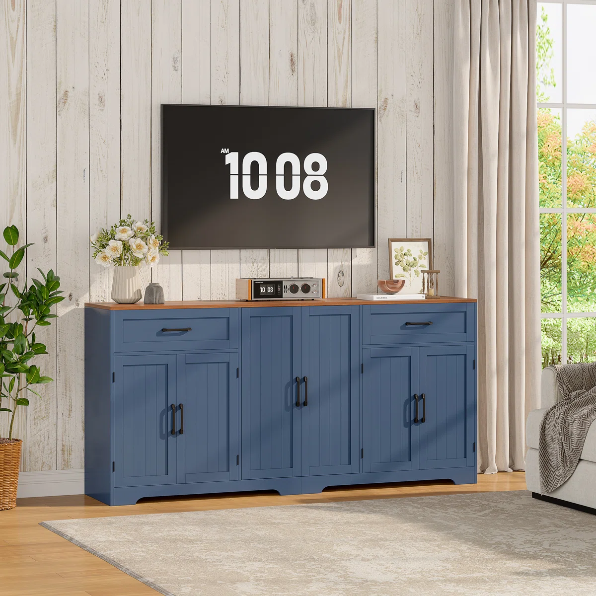 71" Farmhouse Sideboard Buffet Cabinet with Storage, Large Kittchen Credenza with 2 Drawers & 6 Doors, Modern Wooden Coffee Bar Cabinet for Kitchen Dining Room & Living Room, White