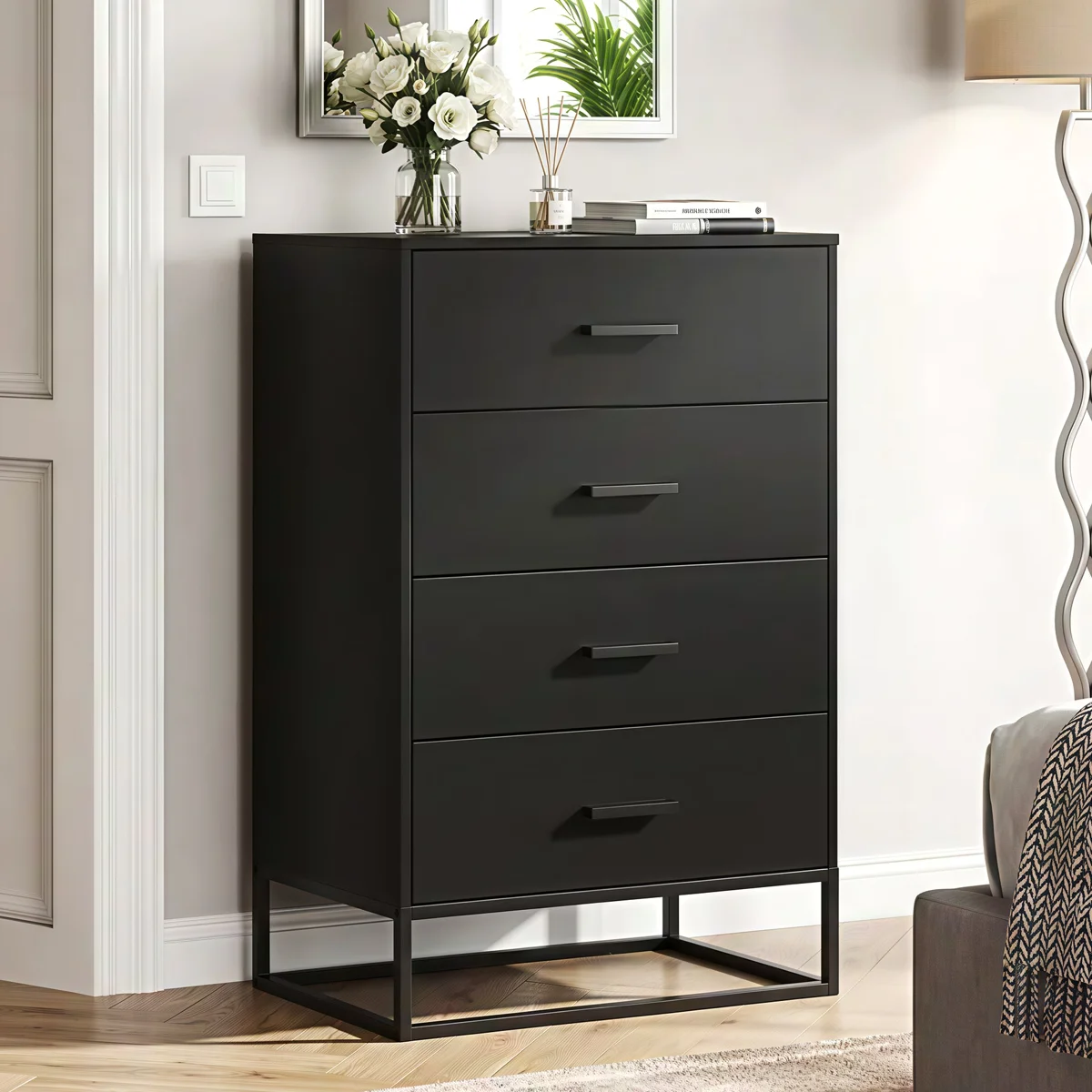Modern Wood Dresser With 4 Drawers And Sturdy Metal Frame , Chest Of Drawers