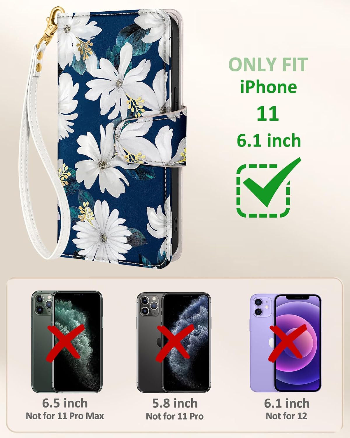 Toycamp for iPhone 11 Wallet Case with Wrist Strap - Leather Flip Folio Phone Case with RFID Blocking 4 Card Holder for Apple for iPhone 11 Funda Cute Aesthetic for Women, White Flower White Flower for iPhone 11