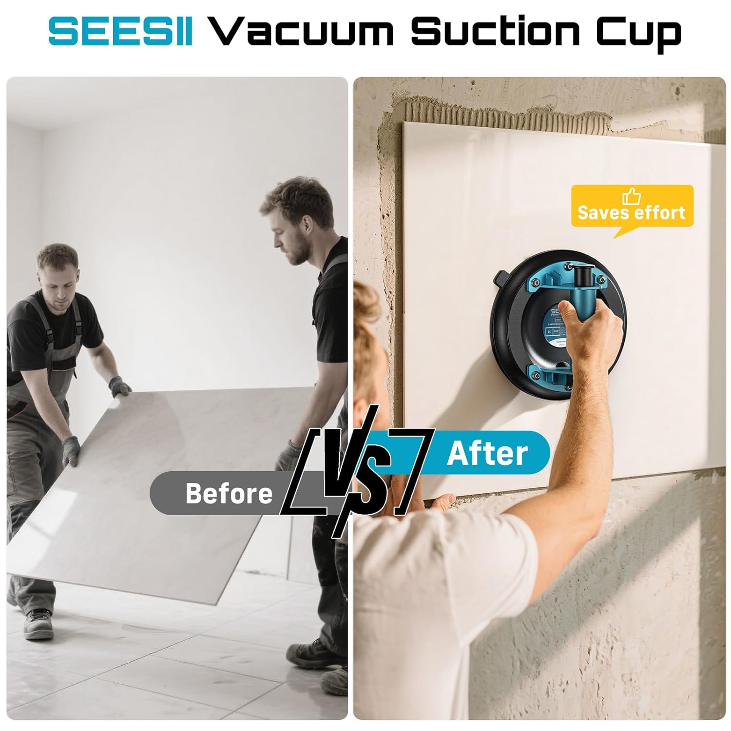 SEESII Suction Cups for Glass Lifting: 8 Tile Suction Cup Lifter with Handle and Pump, 200KG Load Capacity Heavy Duty Vacuum Lifter for Lifting Large Tile, Granite, Metal, Windows (2-Pack) 8-Inch (2pcs)