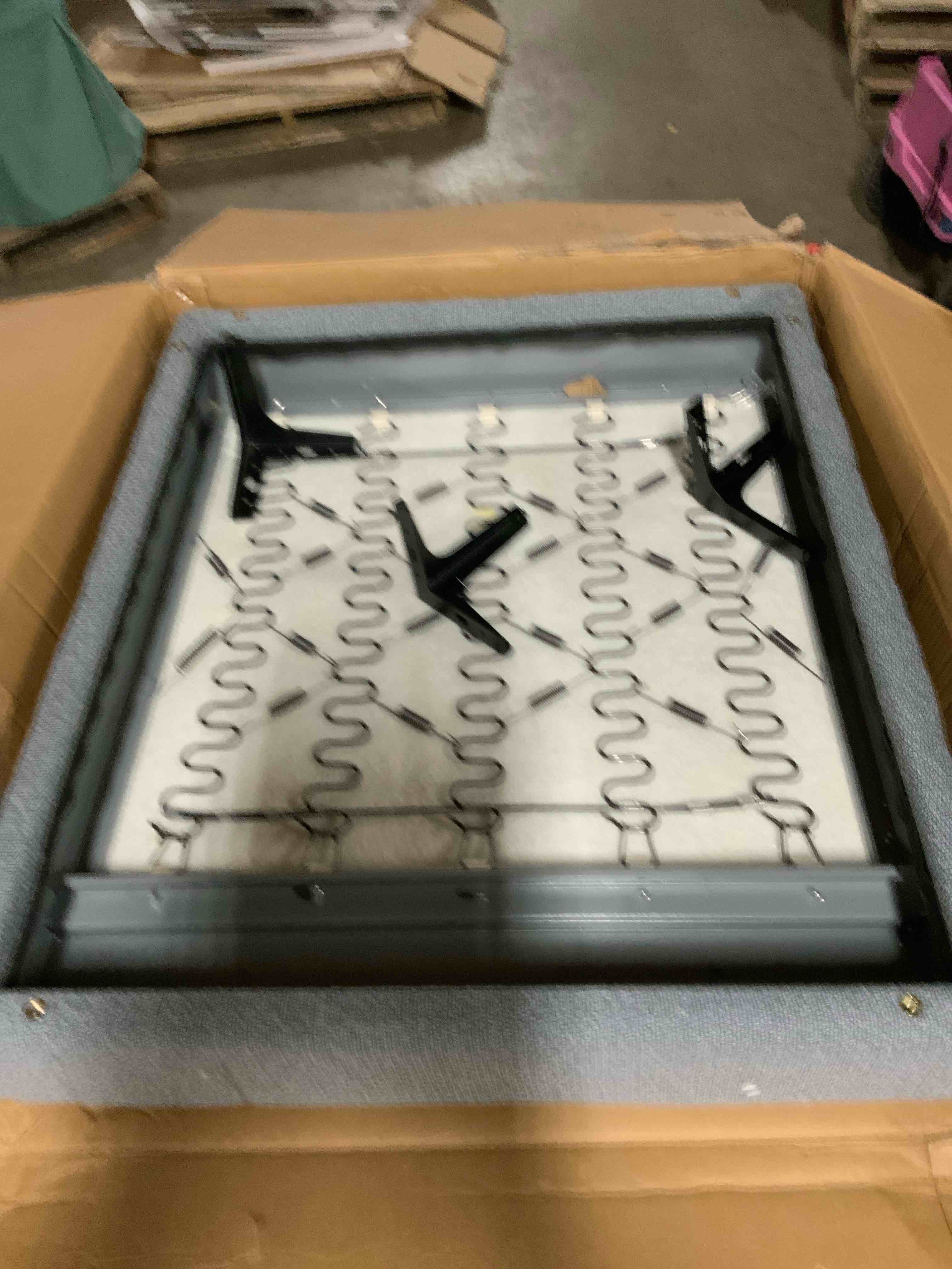 (MISSING ONE LEG ) GREY UPHOLSTERED CHAIR BASE