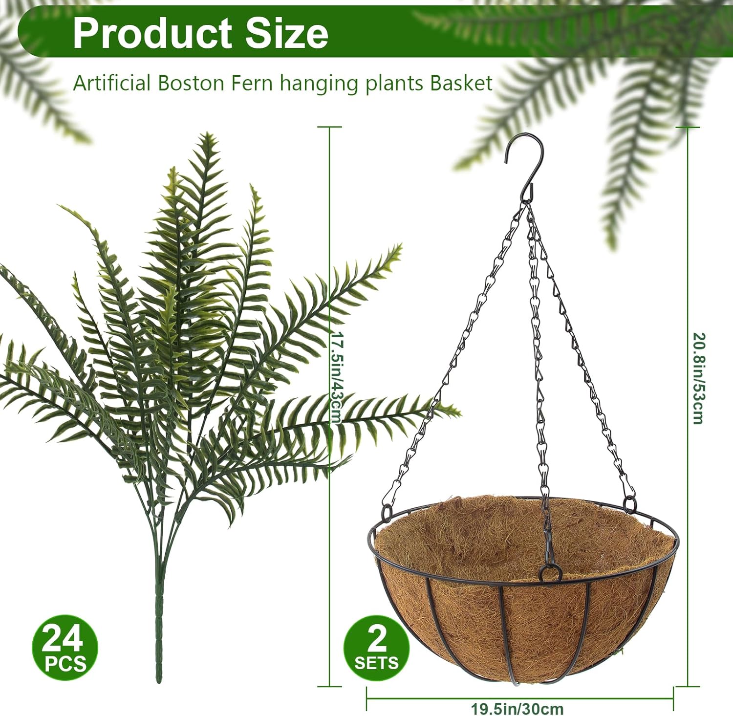 Fake Ferns Hanging Baskets,2PCS Artificial Hanging Plants Outdoor, 2 Hanging Planters with 24 Pcs Fake Ferns for Indoor Outside Decorations for Front Porch Garden Balcony Patio Home Decor (2, Green) Green 2