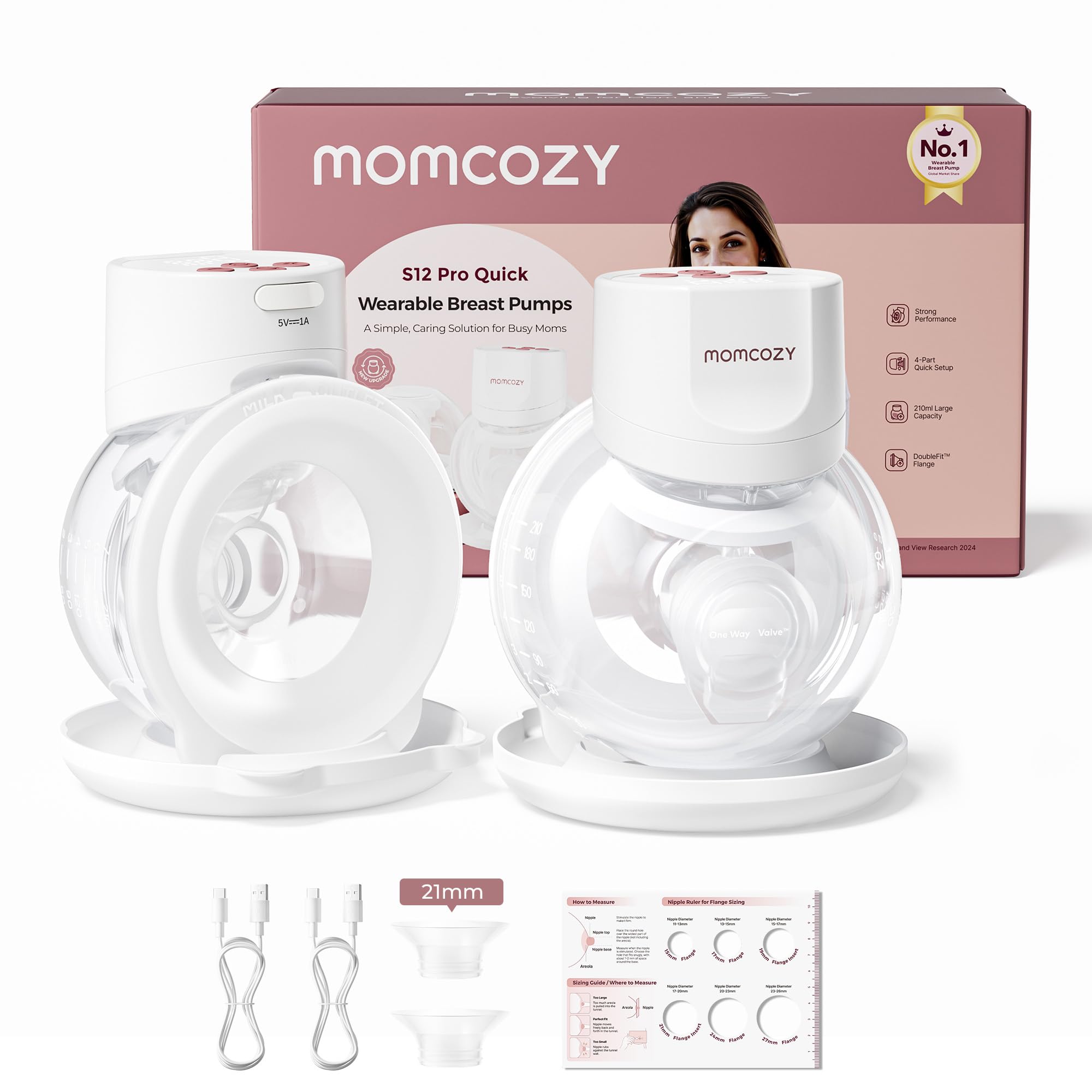 Momcozy Breast Pump S12 Pro Quick, Hands-Free Wearable & Wireless Pump, with DoubleFit Hybrid Flange, 3 Modes & 9 Levels Electric Pump Portable, Smart Display, 2 Count, Cozy White