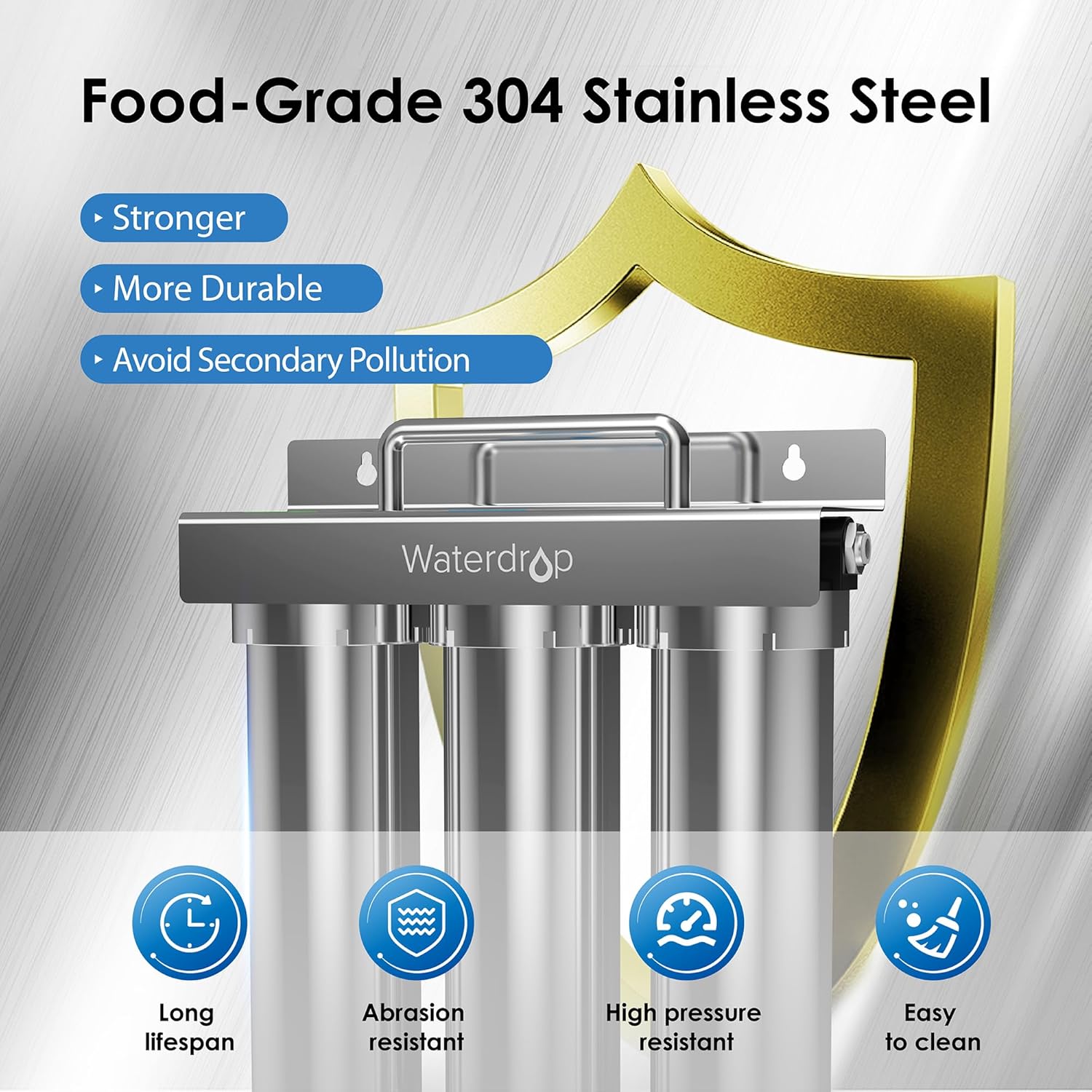 Waterdrop TST-UF 0.01μm Ultra-Filtration Under Sink Water Filter System, Stainless Steel Water Filter for Sink, 5X Service Life Under Sink Water Filtration System, Removes 99% of Substances Direct Connect to Main Tap 1 Count (Pack of 1)