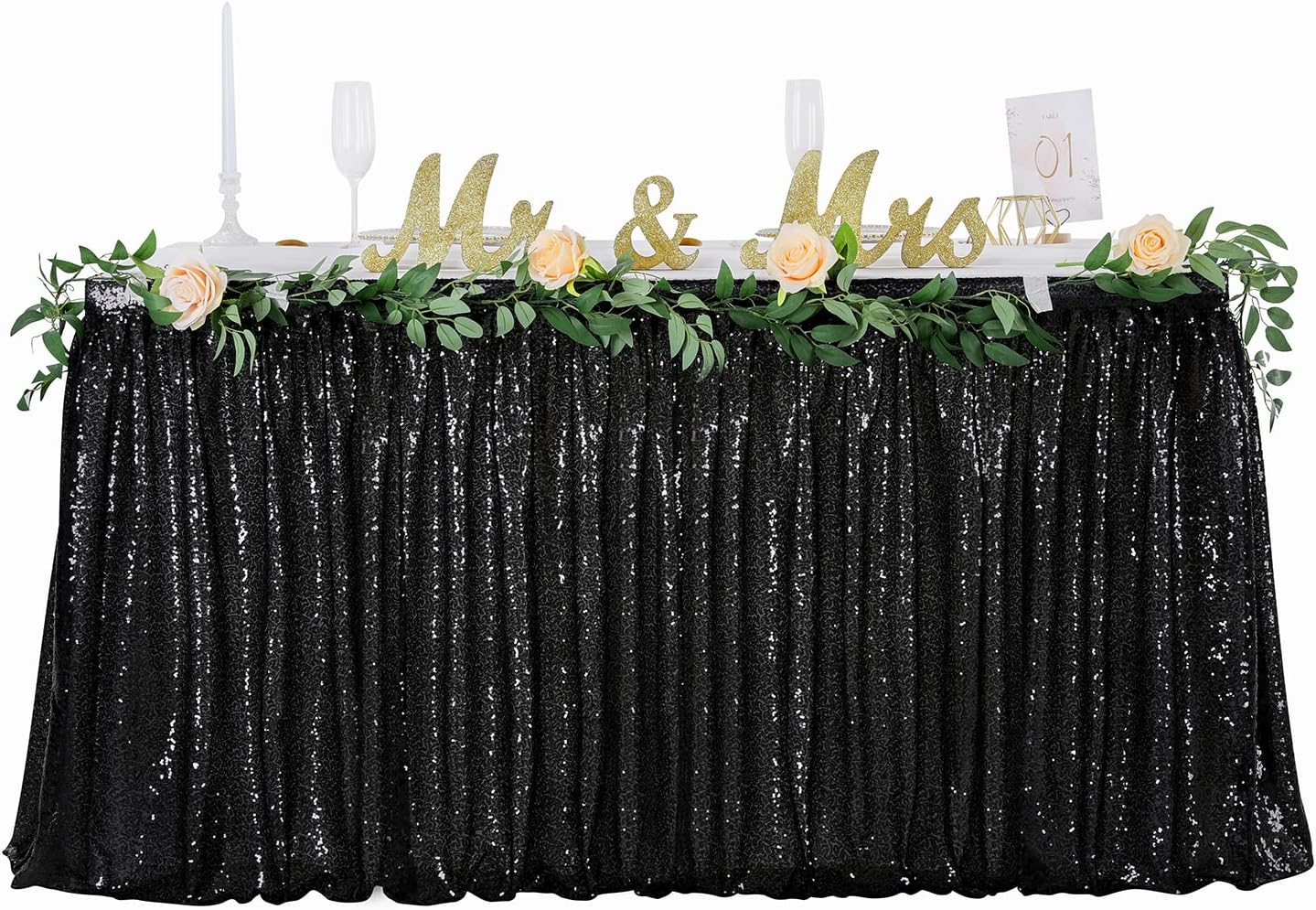 6ft Black Table Skirt for Round Rectangle Square Table Sequin tablecloth for Birthday Party Family Baby Shower Black L6ft*H30in