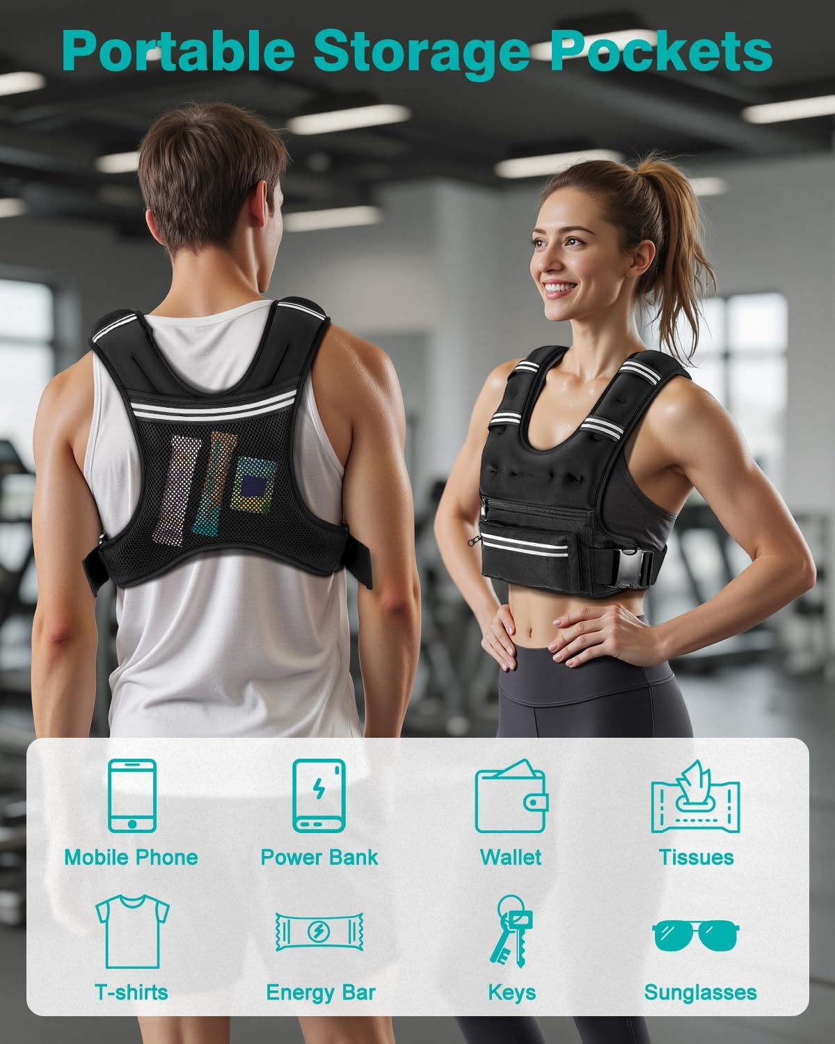 Mieakvool Weighted Vests for Women Men, 8 12 16 20 lb Weighted Vest with Storage Pockets, Rucking Vest with Reflective Stripe, Adjustable Straps Weight Vest for Running, Walking, Workout, Training Black 12 lb