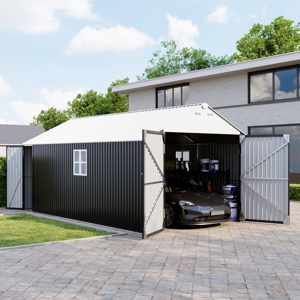 Box 1/5 12 ft. W x 20 ft. D Extra Large Outdoor Metal Shed, All-Steel Construction with Windows and Wider Lockable Doors
