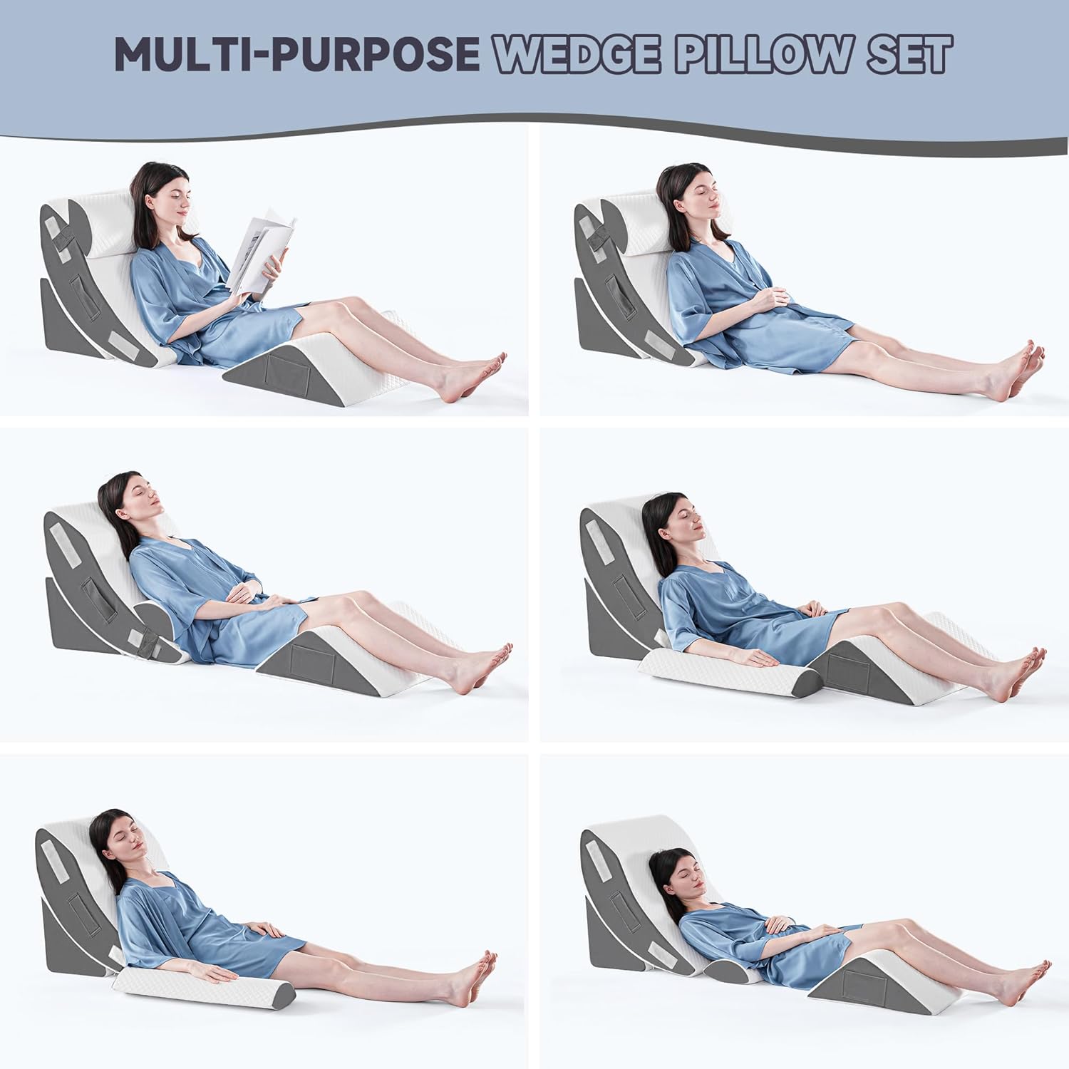 Yojoker 4PCS Orthopedic Bed Wedge Pillow Set for Sleeping, Post Surgery Foam Pillow for Body, Back and Leg Pain Relief, Triangle Adjustable Support Pillow - Acid Reflux Sleeping Pillows Grey 4PCS