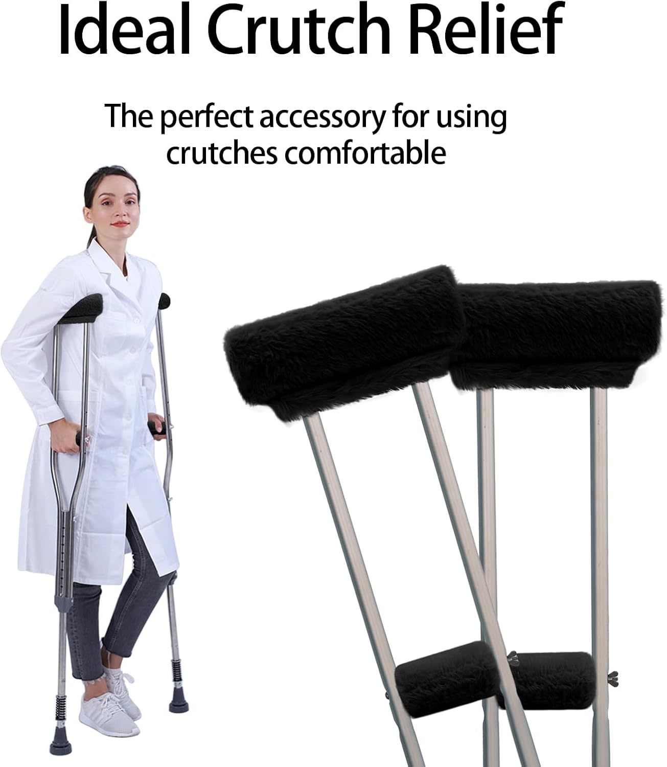 SPRING SEAON Crutches Padding Universal Crutch Pads for Armpits and Hand Grips Pads for Crutches Underarm Crutch Cushions Fluffy Crutch Covers Machine Washable (Black)