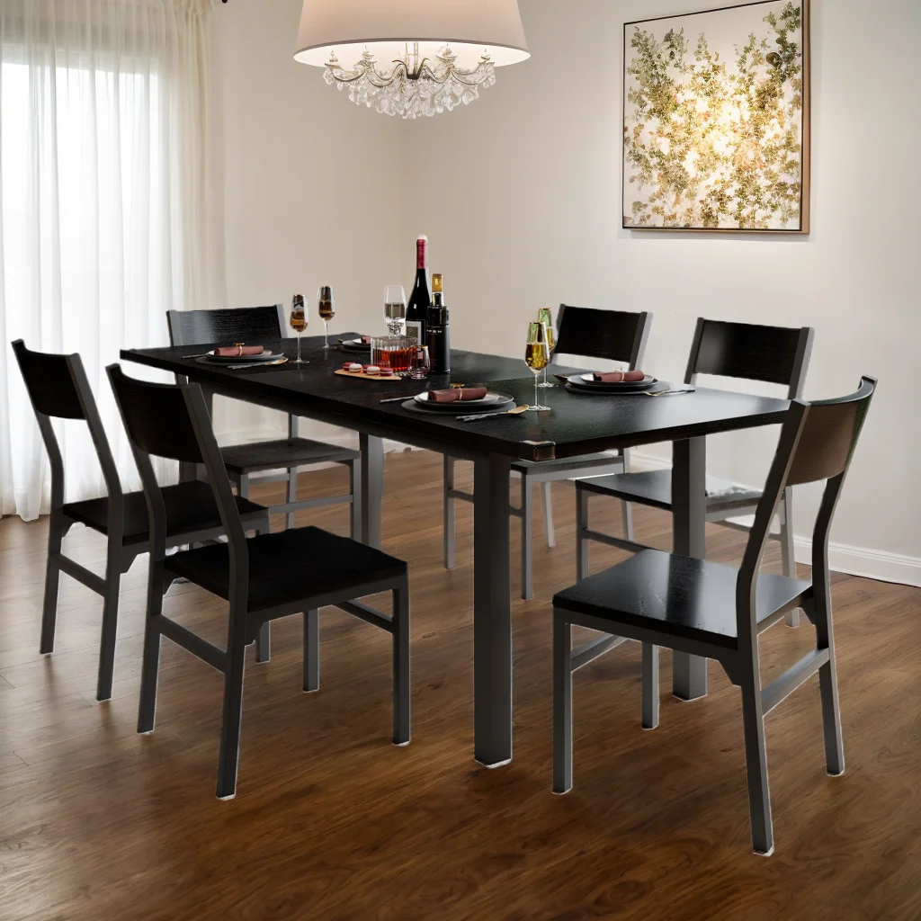 63" Extendable Kitchen Table Set for 4-6 People, 7-Piece Large Dining Table Set with 6 Chairs,Mid-Century Dining Room Table