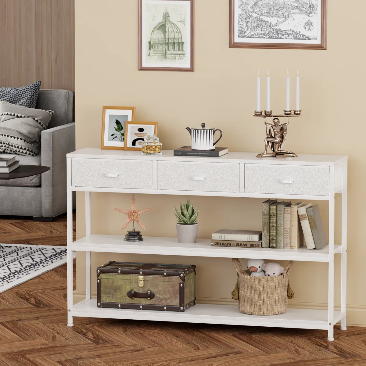 Console Table with 3 Fabric Drawers, Console Table Metal Frame Sofa Table with 2 Shelves for Living Room and Hallway