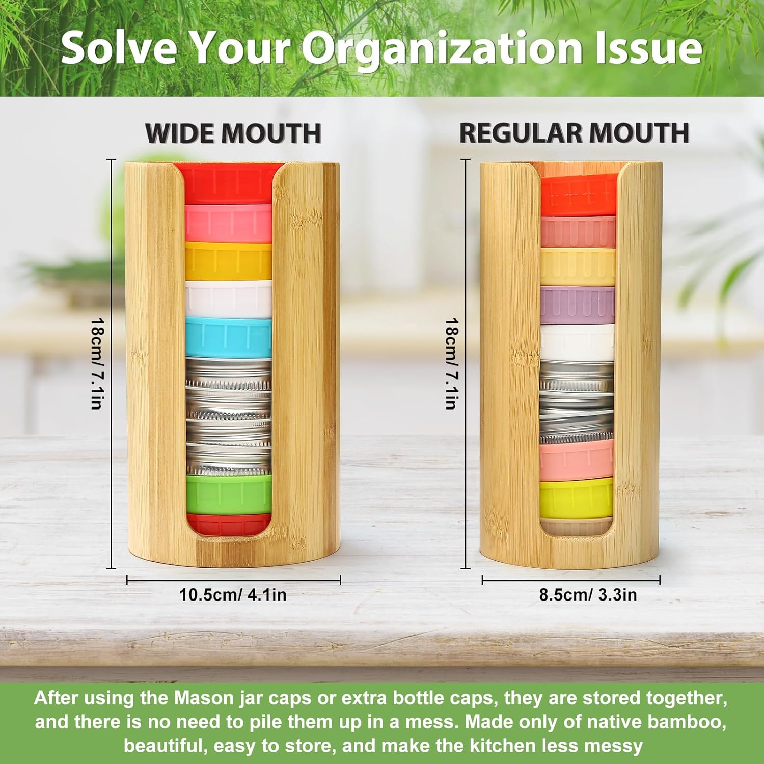Mason Jar Lid Organizer (2pcs), Mason Jar Lid Storage Made of Bamboo, Suitable for Mason/Canning/Bamboo Lids(WIDE/REGULAR), Fit Perfectly, Stackable Steady Single-sided hole