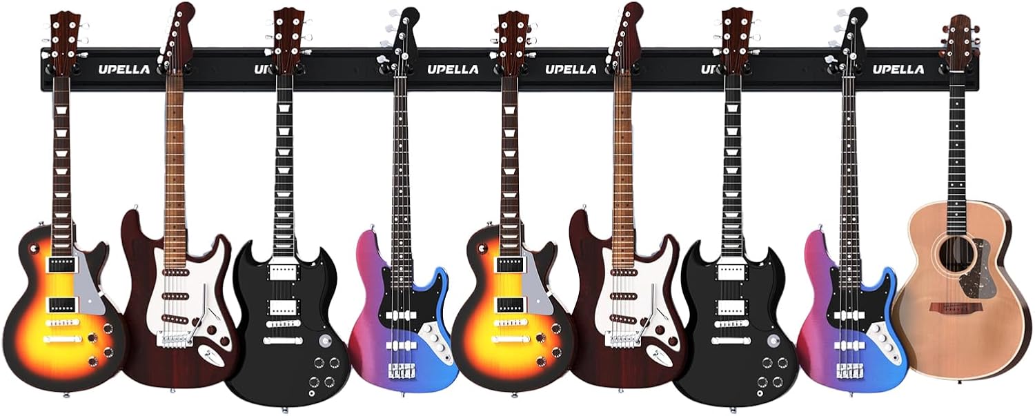 Guitar Wall Mount Hangers for Multiple Guitars, Holds 10 Basses, Premium Aluminum Metal Mandolin Stand Banjo Rack Violins Holder, Adjustable Instruments Display Set, Wall Mount Hooks 97.5in, 10 Hangers