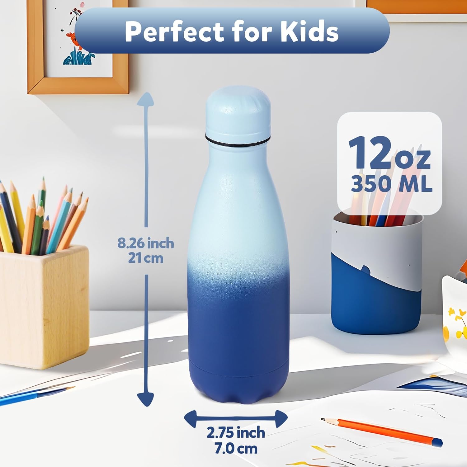Volhoply 12oz Small Water Bottle Stainless Steel, BPA Free Insulated Water Bottles, Double Wall Cola Shape Flask, Keeps Cold 24 Hours and Hot 12 Hours for Kids Handbag (Green Blue,1) 1 Green Blue