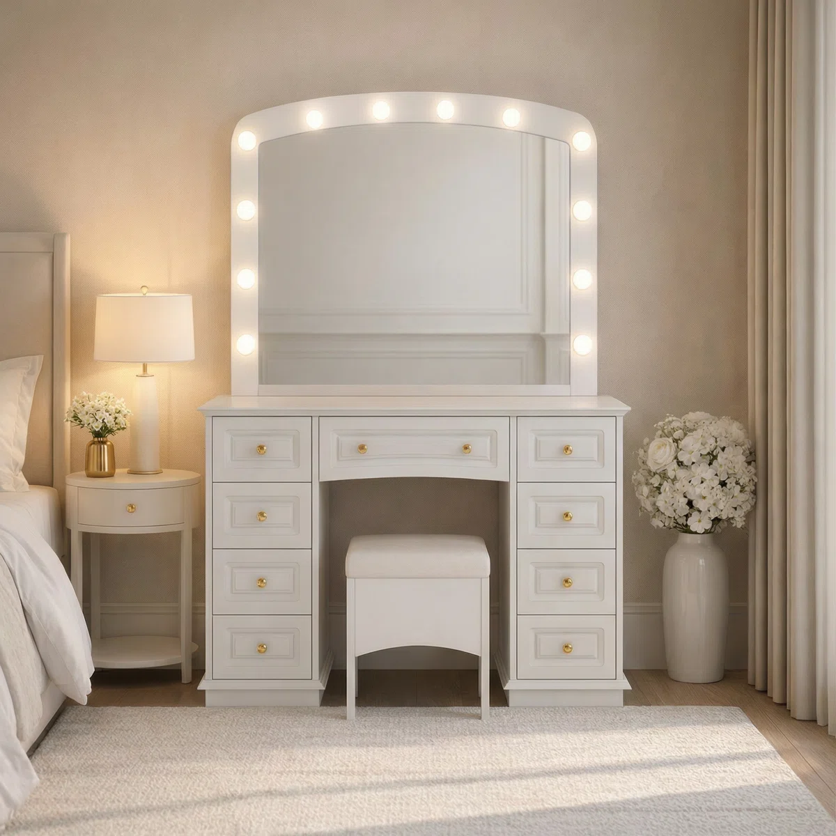Box 1 of 2 Luxurious Makeup Vanity with Hollywood Lights, 3 Color Modes, Cushioned Stool & 9 Drawers