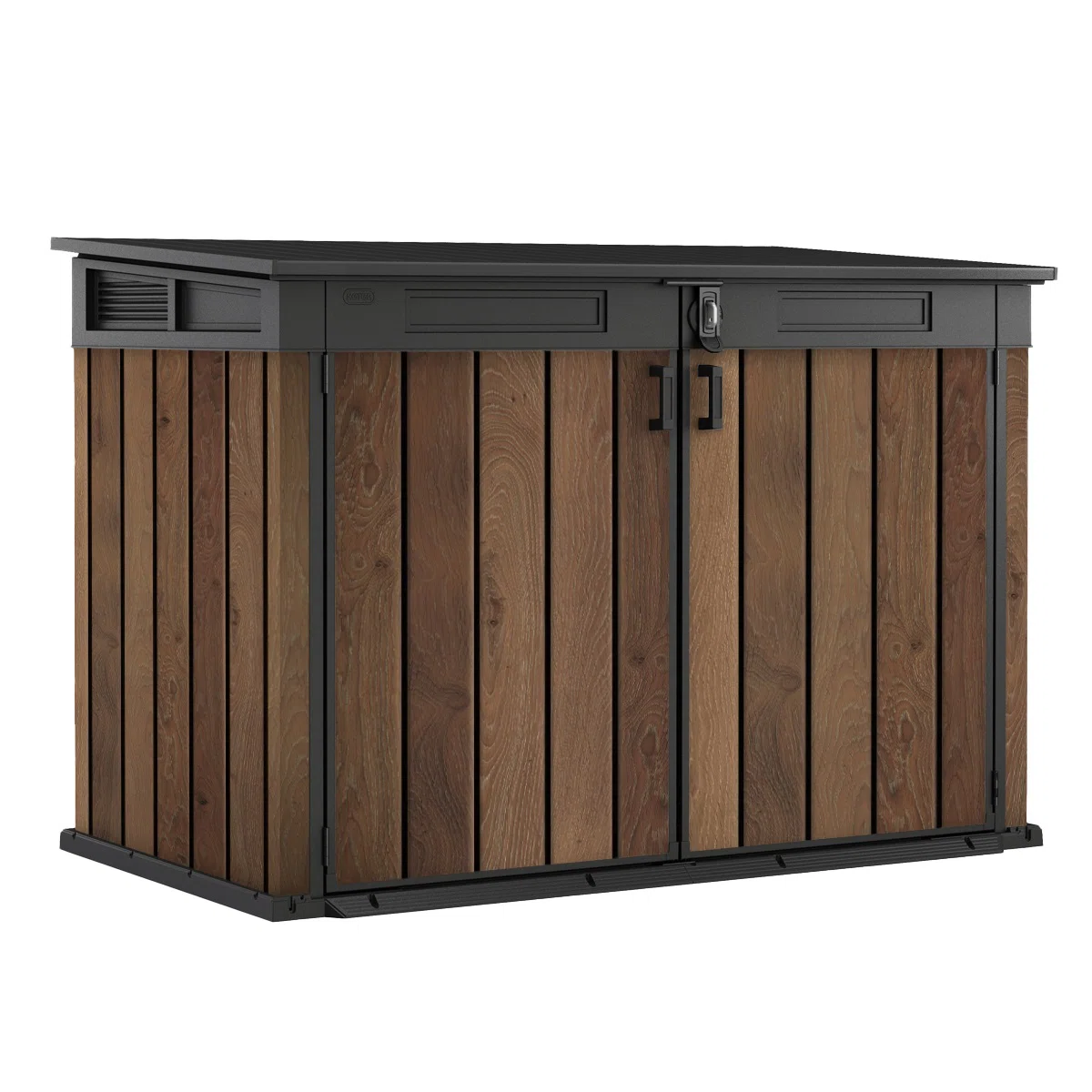 Keter Signature Collection Horizontal Durable Resin Outdoor Storage Shed With Floor and Double Doors for Furniture Trash Bin and Bike, Walnut