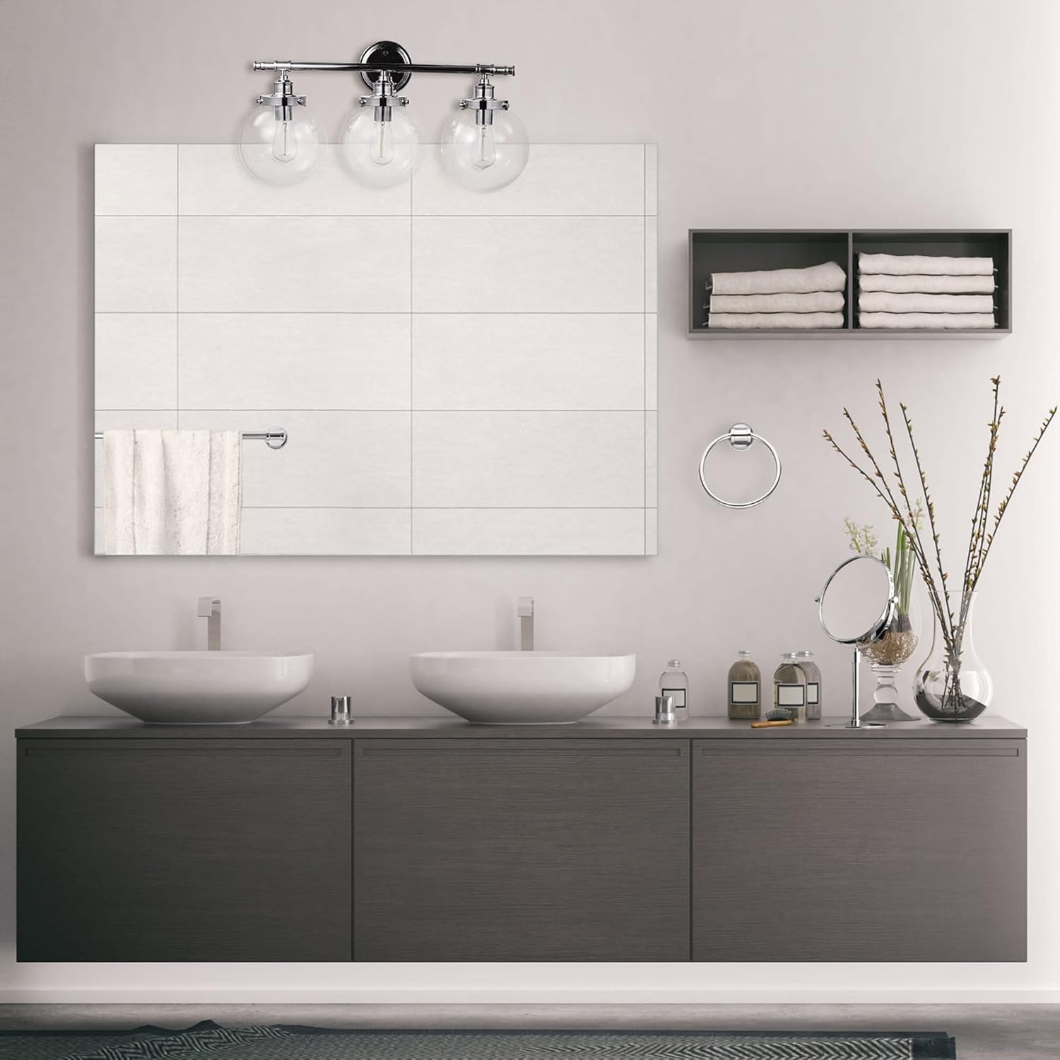 Globe Electric Milan 5-Piece All-in-One Bathroom Set, Chrome, 3-Light Vanity Light with Clear Glass Shades, Towel Bar, Towel Ring, Robe Hook, Toilet Paper Holder