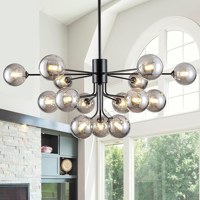 15 - Light Modern Sputnik Chandelier with Smoke Glass Shades and Adjustable Height
