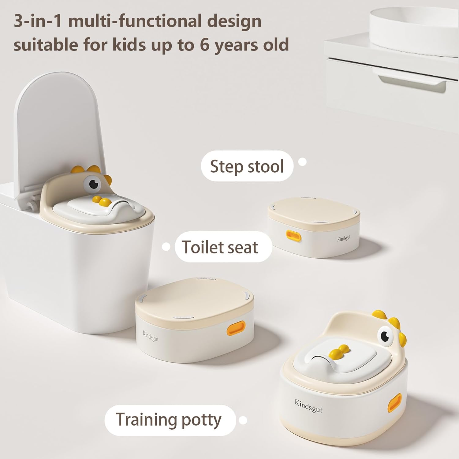 Toddler Toilet Potty Chair for Toddlers 1-7, Kids Potty Training Seat, 3-in-1 Potty Chair for kids Portable Removable Seat with Sturdy Step Stool, Standalone Potty Chair for Toddlers Khaki