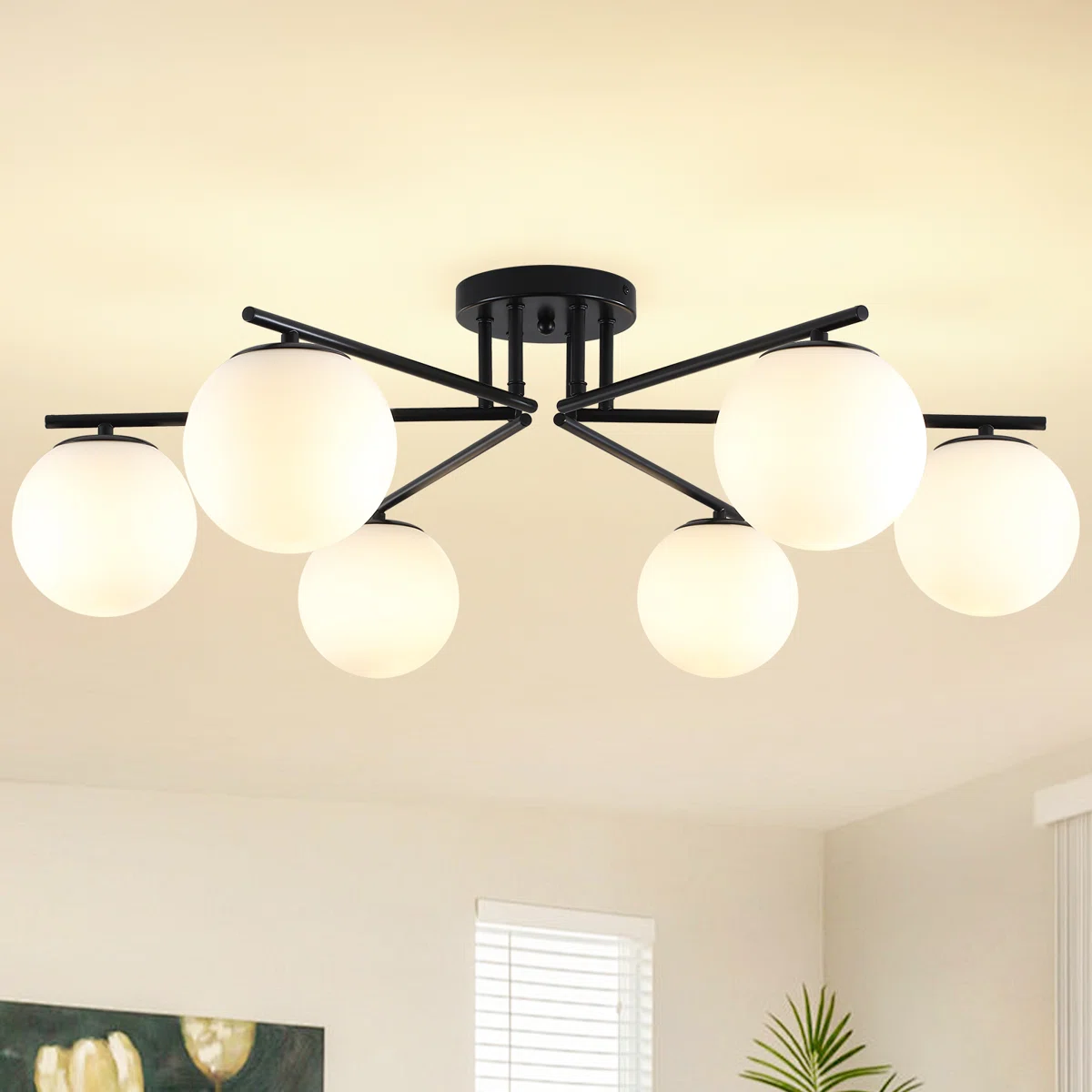 6 Lights Semi Flush Mount Ceiling Light Fixture, Modern Sputnik Chandelier Ceiling Lamp With E26 Bulb Base, Light Fixtures Ceiling Mount For Bedroom Kitchen Living Room Hallway