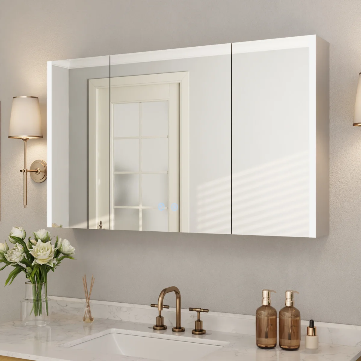 40'' W x 24'' H Led Lights Wall Mounted Medicine Cabinets With Mirrors, Defogger, Dimmer, Outlets & Bluetooth Speaker, 3 Door and 4 Adjustable Shelves