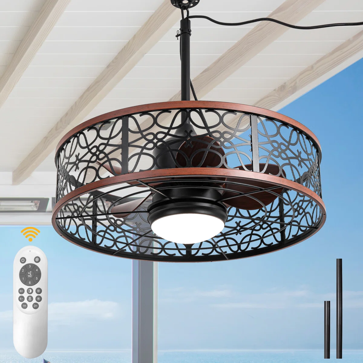 24" Waterproof Outdoor Indoor Ceiling Fan With Lights, 6 Speeds Plug-In Ceiling Fan With Cord Hook For Patio