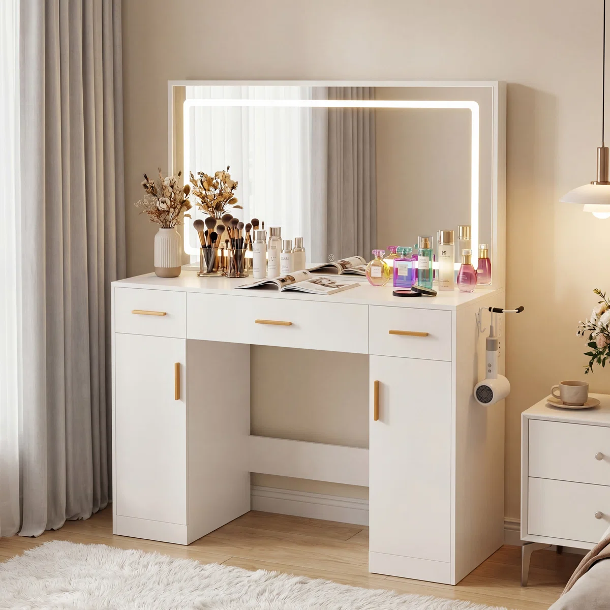 Horicon LED Lights and Power Outlet Makeup Vanity Table with 7 Drawers and 6 Storage Shelves Dressing Table for Bedroom Dressing Room
