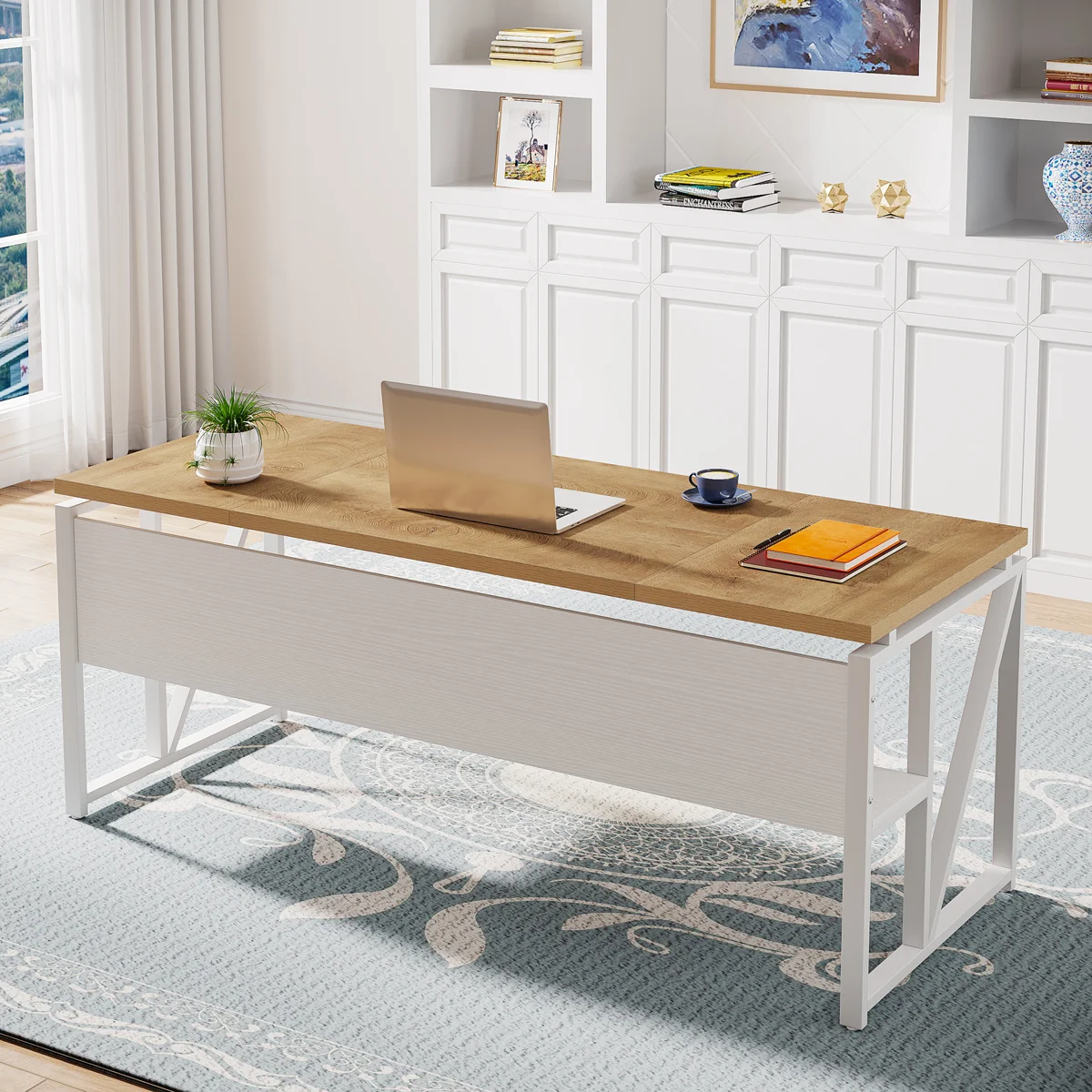 63-Inch Moden Compute Desk With Storage Shelf ,Home Office Desk Writing Table For Workstation
