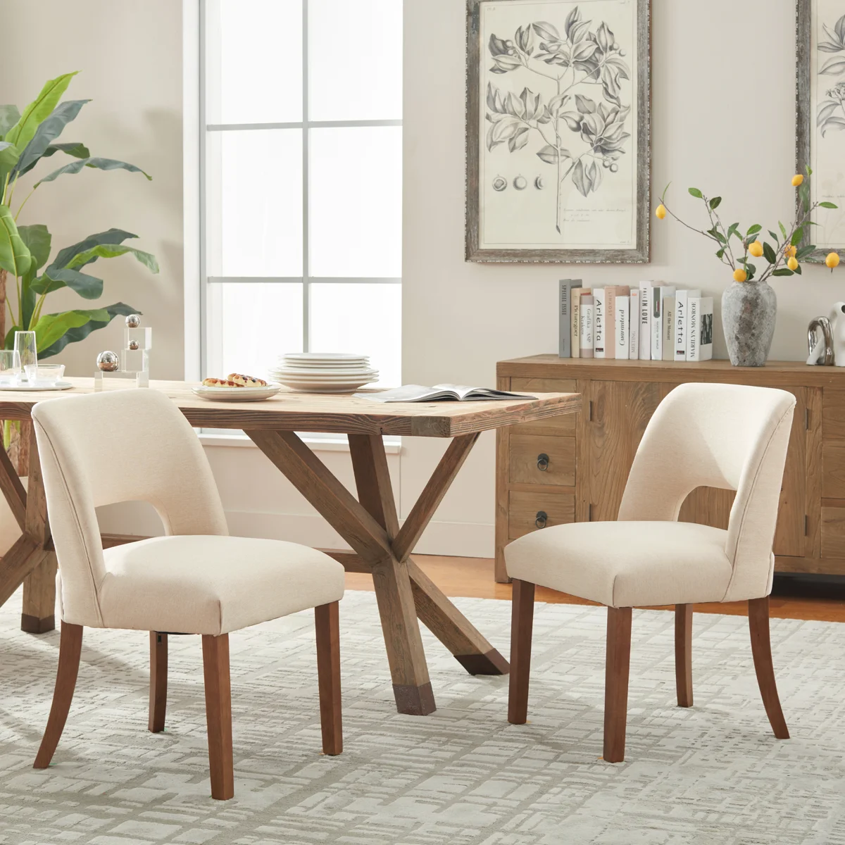 Upholstered Side Dining Chairs with Wood Legs Set of 2