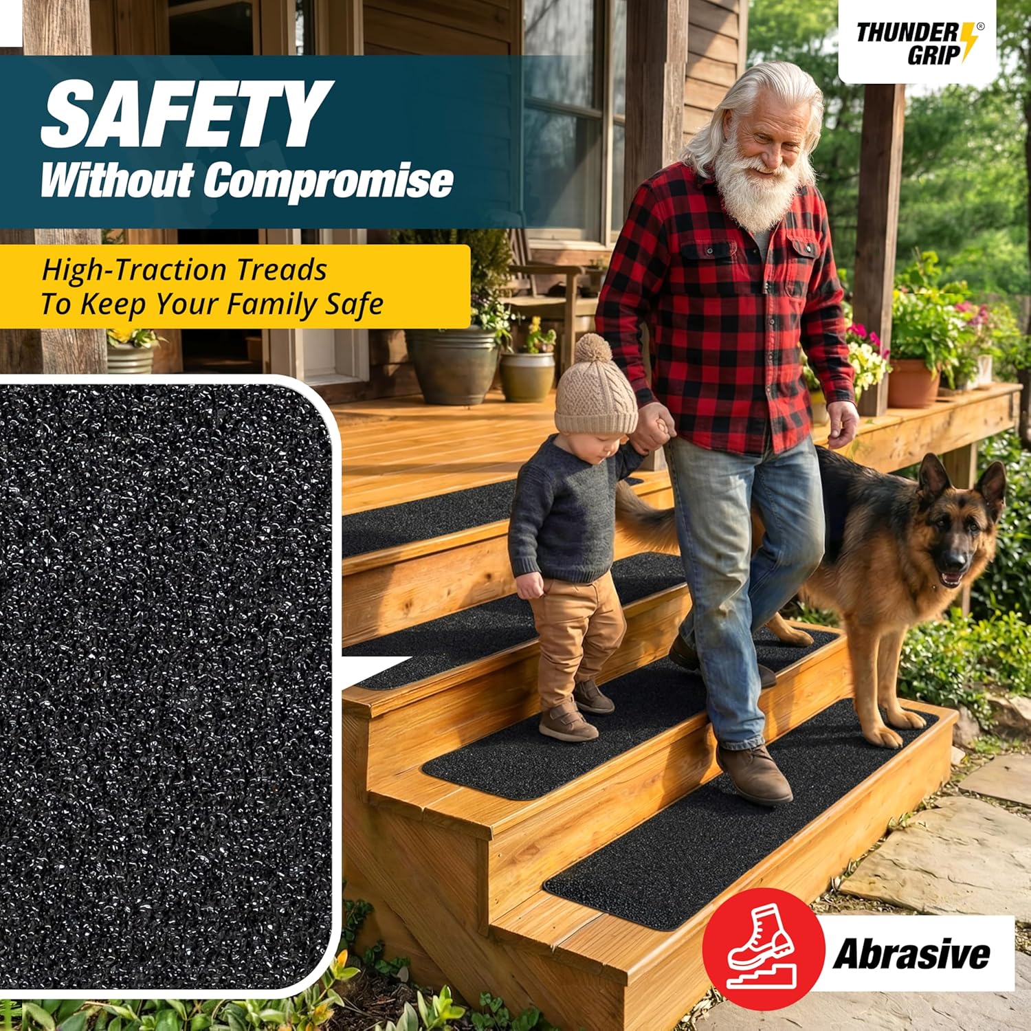 THUNDER GRIP Outdoor Stair Treads Non Slip 30 x 8 - 8-Pack Weather Resistant Exterior Grip Tape for Wooden Steps - Non Slip Stair Treads - Anti Skid Strips - Waterproof 80-Grit Adhesive Tread Black 8 x 30 x 8P