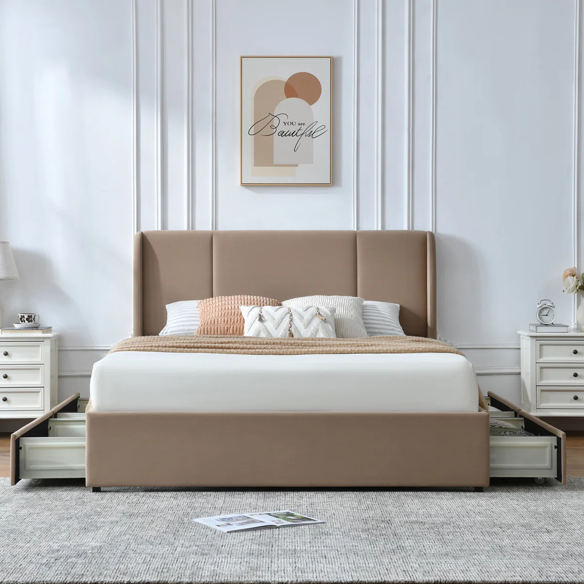 Braya Upholstered Platform Storage Bed With 4 Drawers,White Full