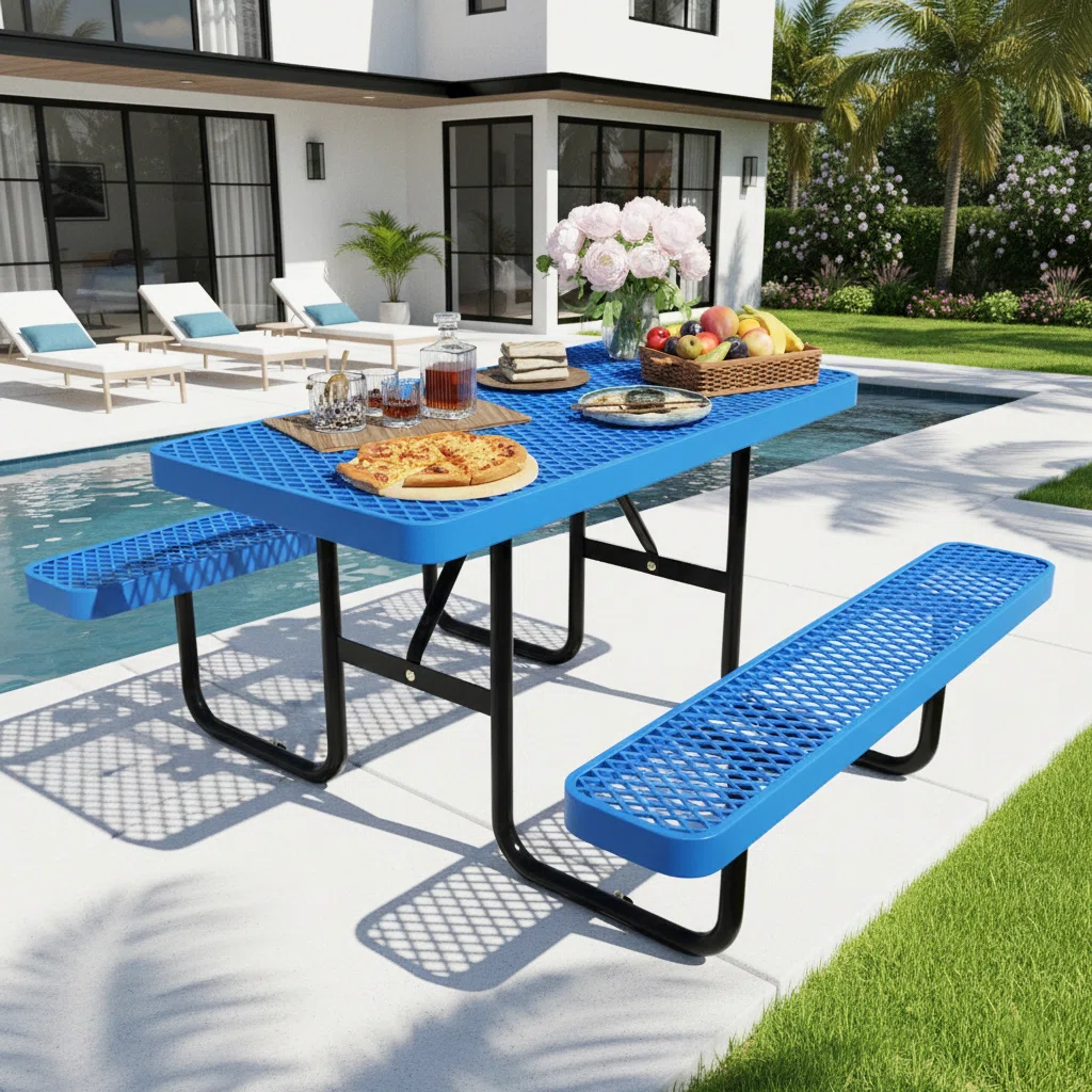 Outdoor Thermoplastic-Coated Commercial Picnic Table for 4-6, Coated Metal Picnic Table Heavy Duty, Rectangular