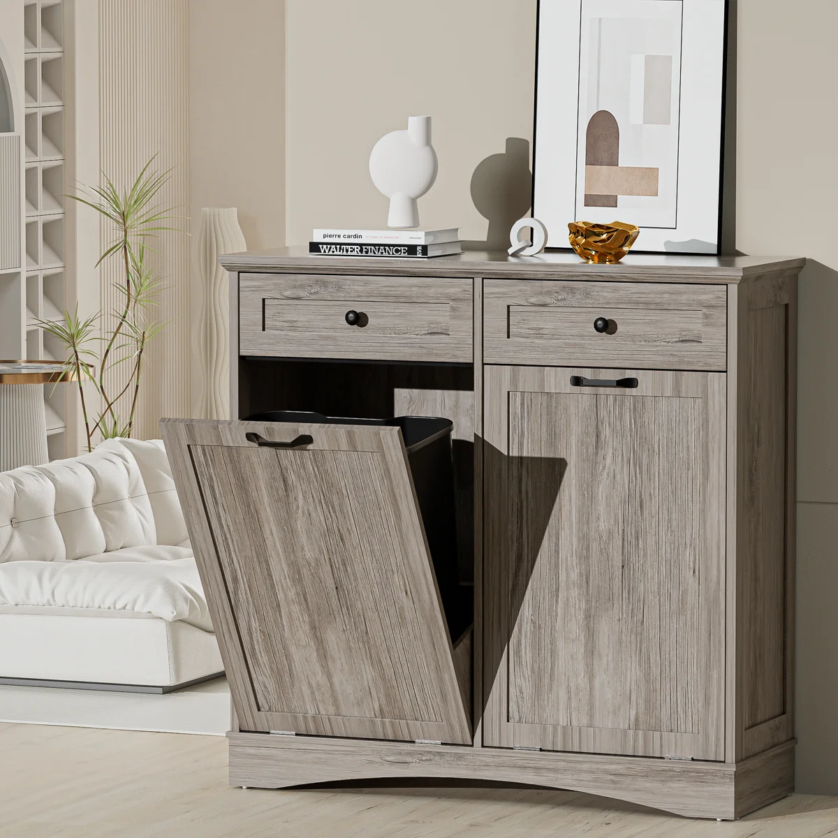 Double Tilt Out Trash Cabinet Freestanding Wooden Garbage Can Cabinet with Hideaway Drawers, 2x13 Gallons Pet Proof Garbage Can Holder for Kitchen Living Room